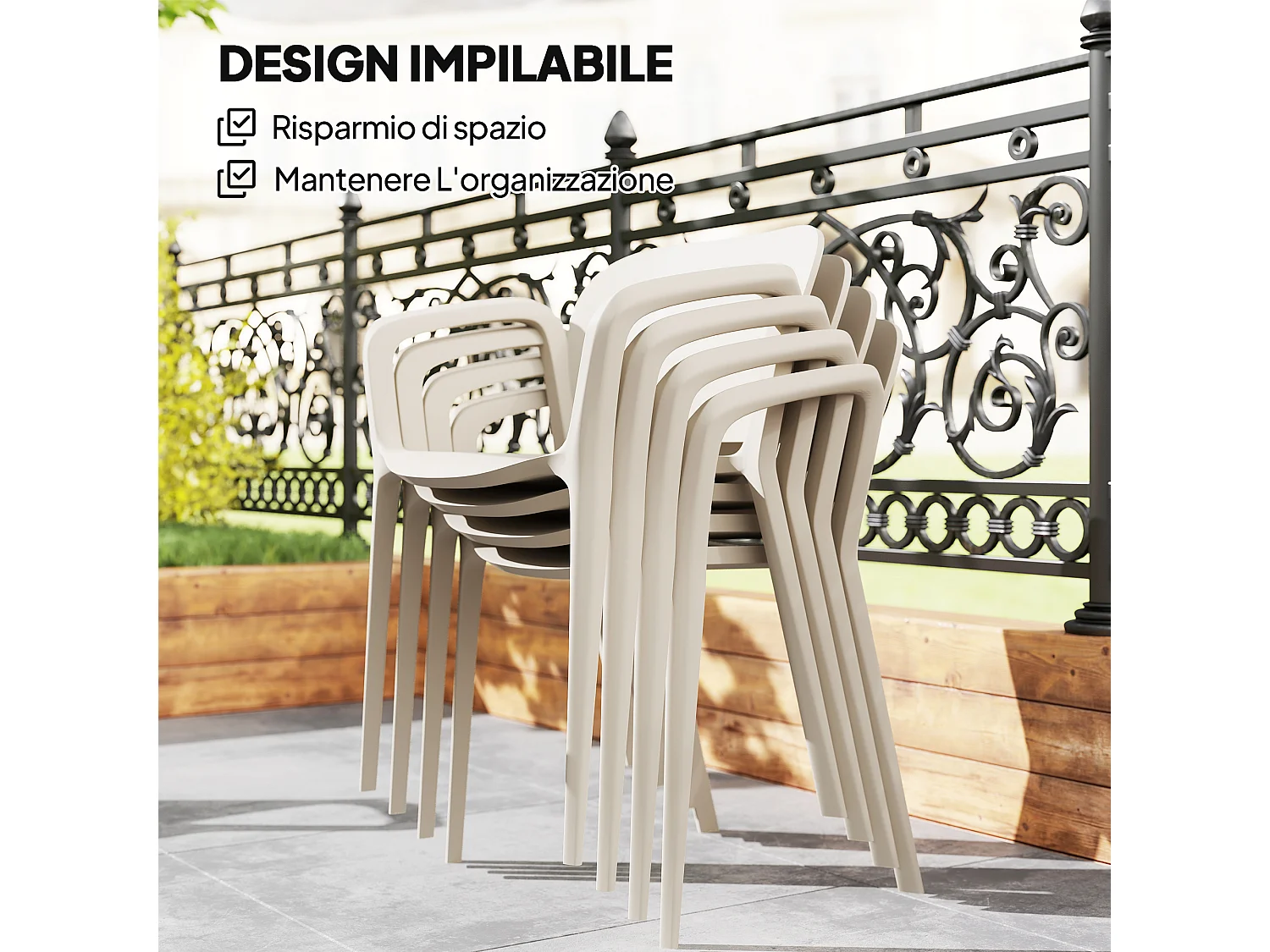 Set 4 sedie da giardino impilabili e moderne in pp bianco 60x56x75 cm