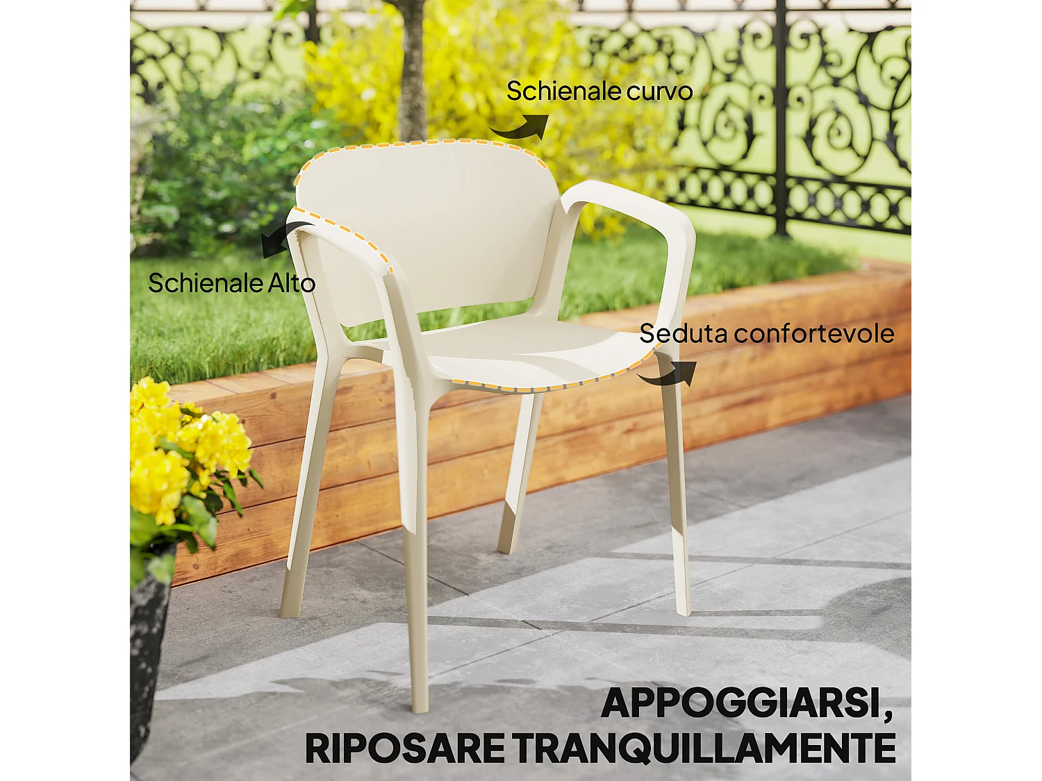 Set 4 sedie da giardino impilabili e moderne in pp bianco 60x56x75 cm