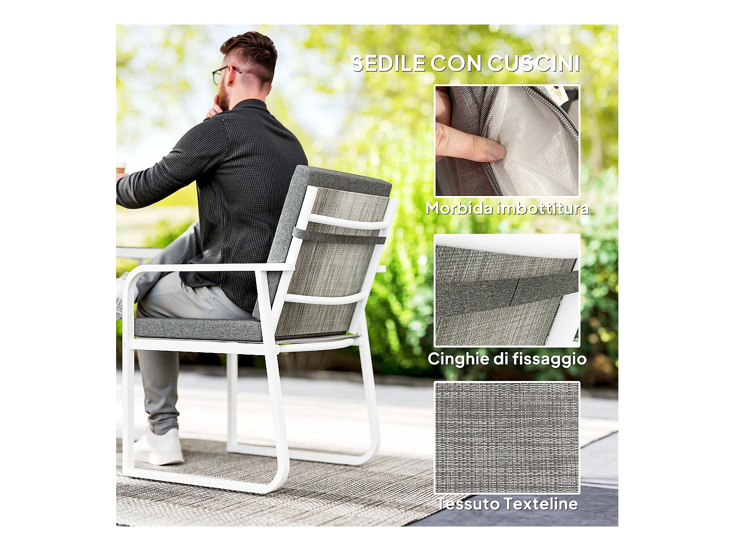 Set da esterno 3 pezzi con 2 sedie e tavolo da giardino bianco