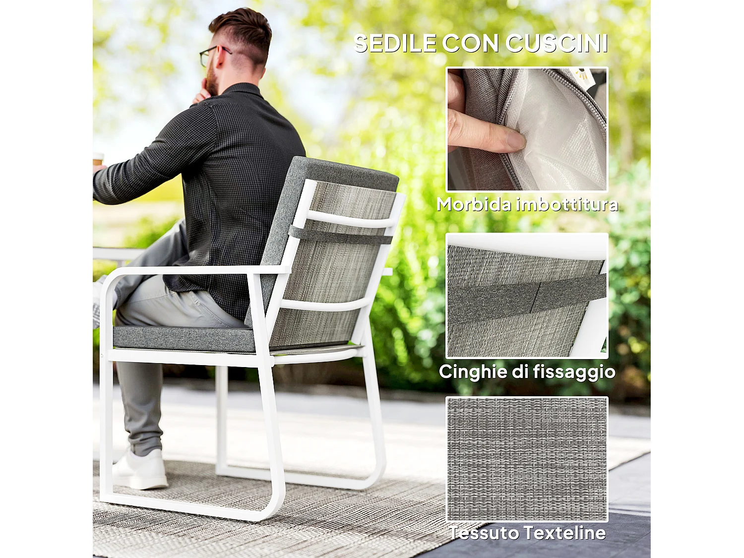 Set da esterno 3 pezzi con 2 sedie e tavolo da giardino bianco