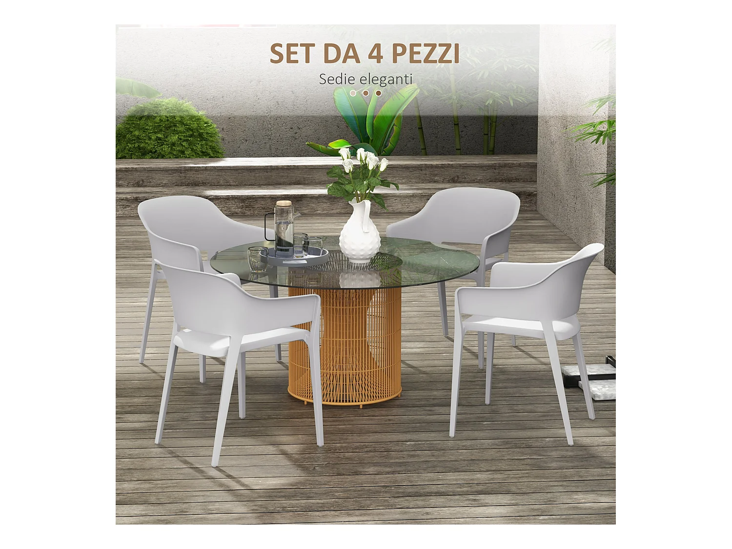 Set 4 sedie da giardino impilabili con braccioli in plastica grigio