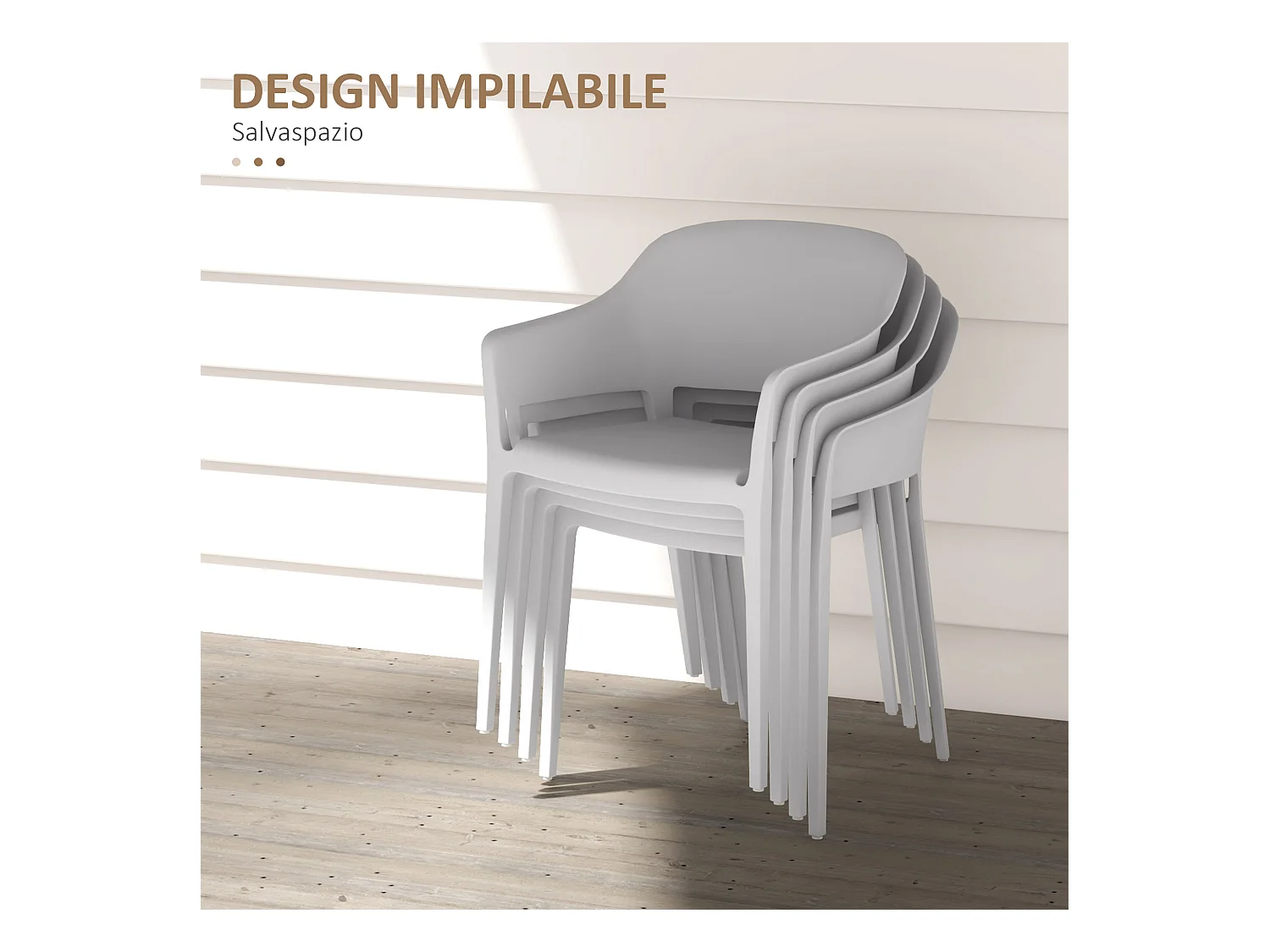 Set 4 sedie da giardino impilabili con braccioli in plastica grigio