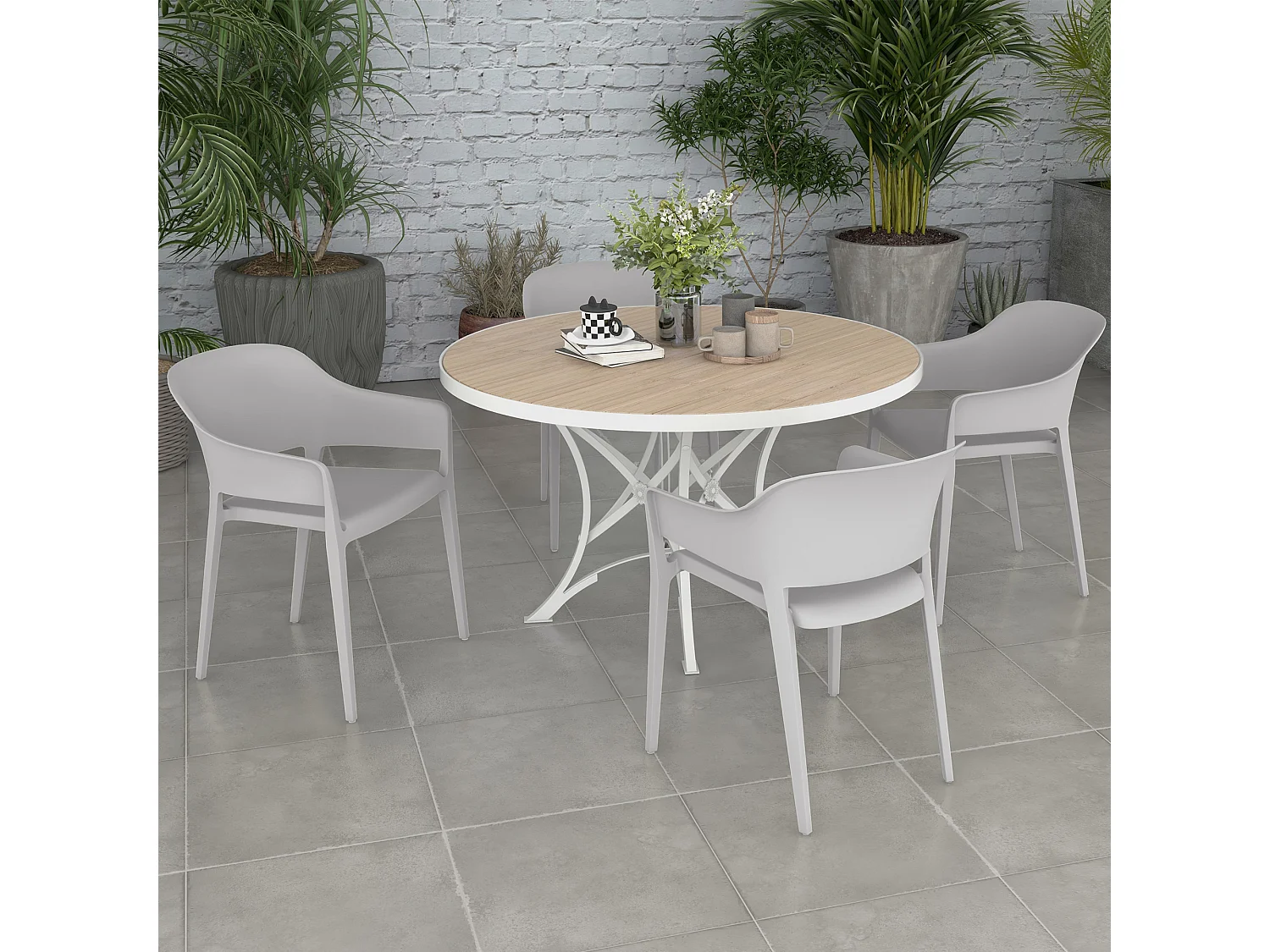 Set 4 sedie da giardino impilabili con braccioli in plastica grigio
