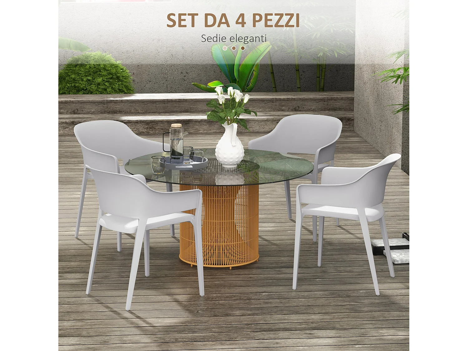 Set 4 sedie da giardino impilabili con braccioli in plastica grigio