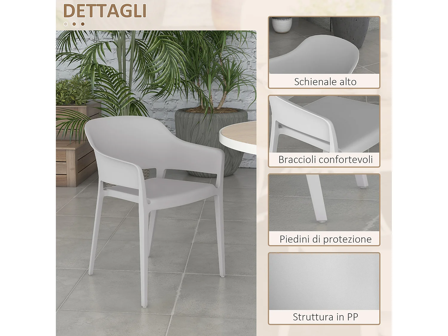Set 4 sedie da giardino impilabili con braccioli in plastica grigio
