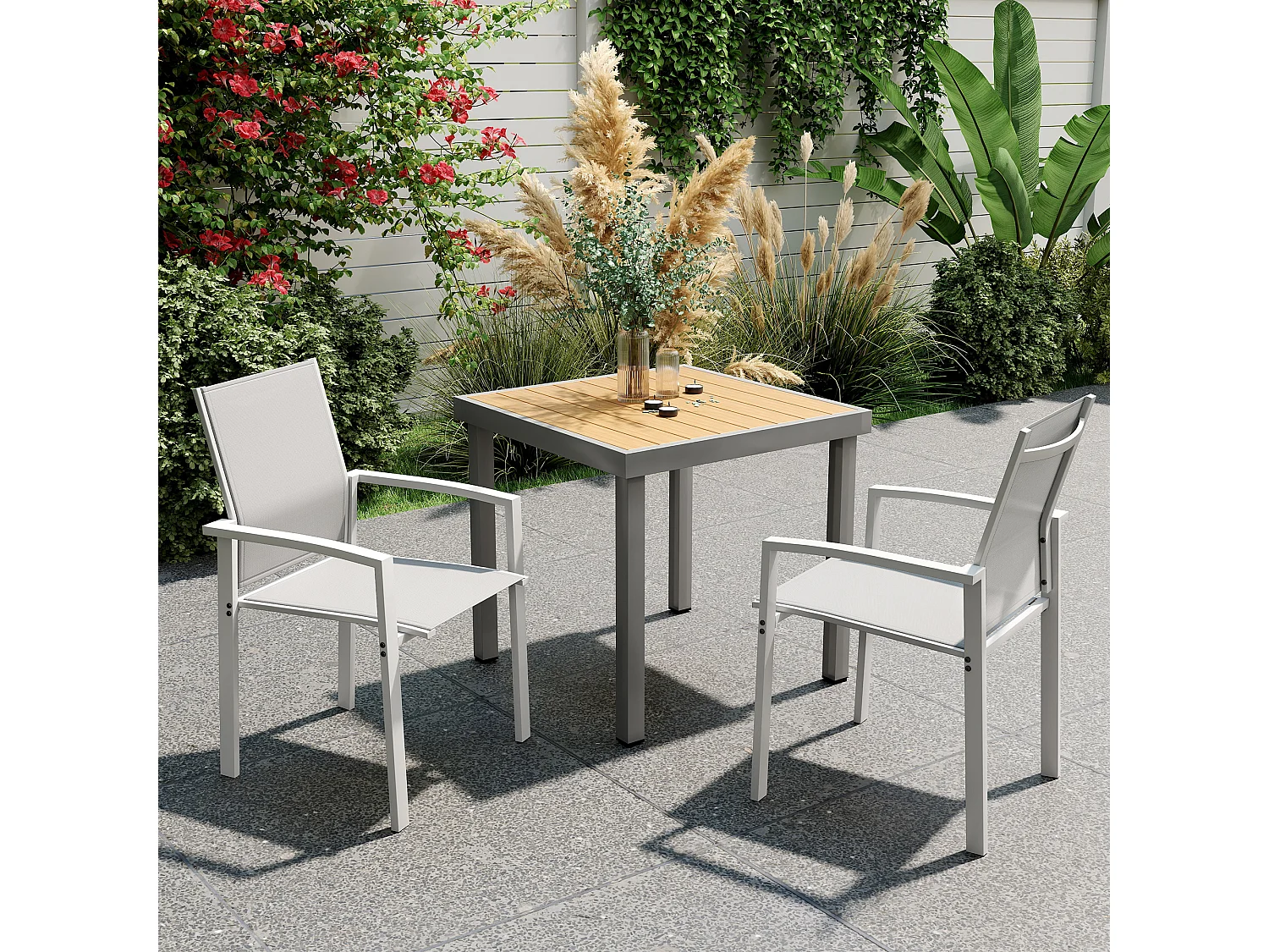 Set 2 sedie da giardino impilabili in acciaio textilene grigio chiaro