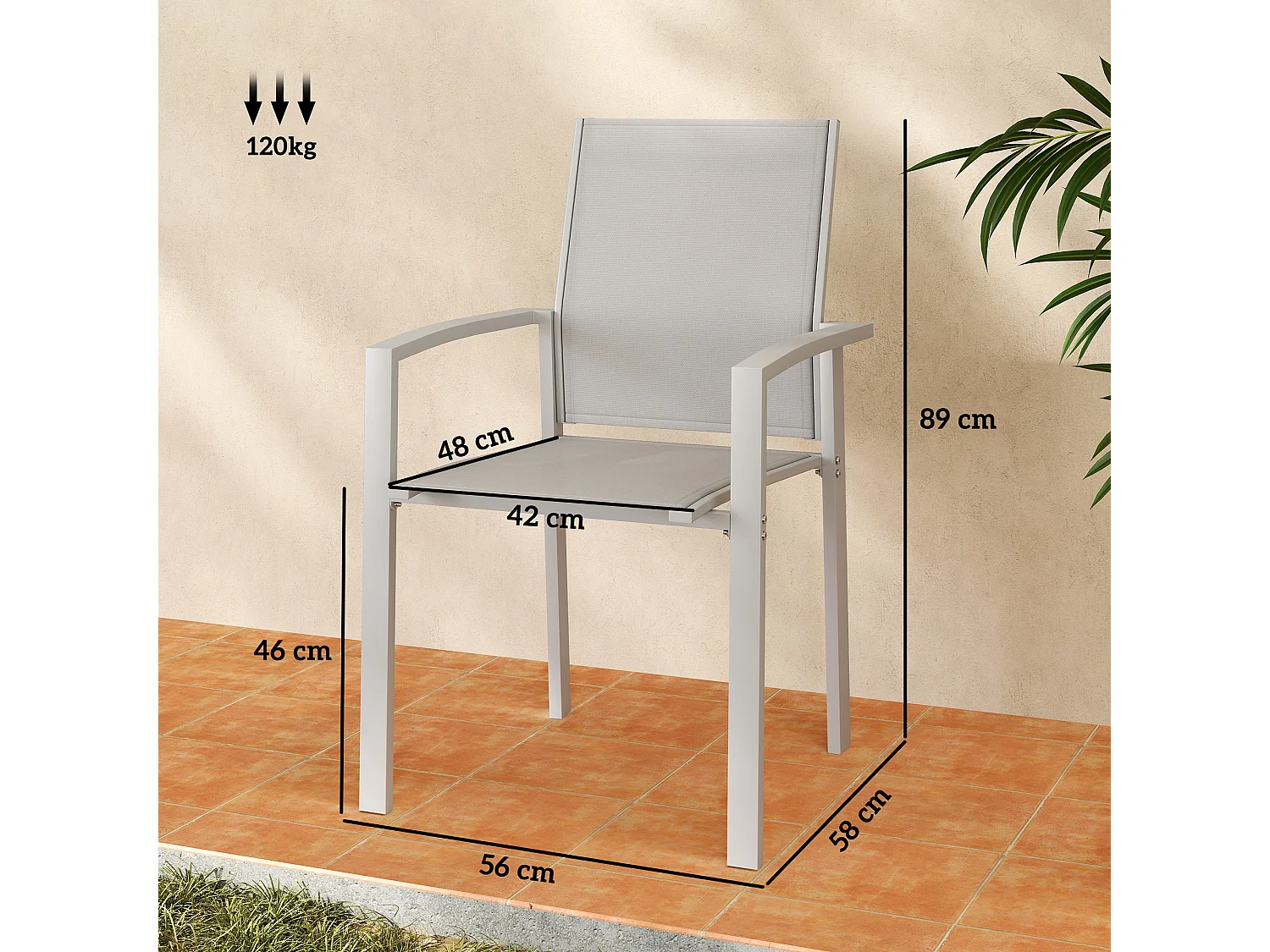Set 2 sedie da giardino impilabili in acciaio textilene grigio chiaro