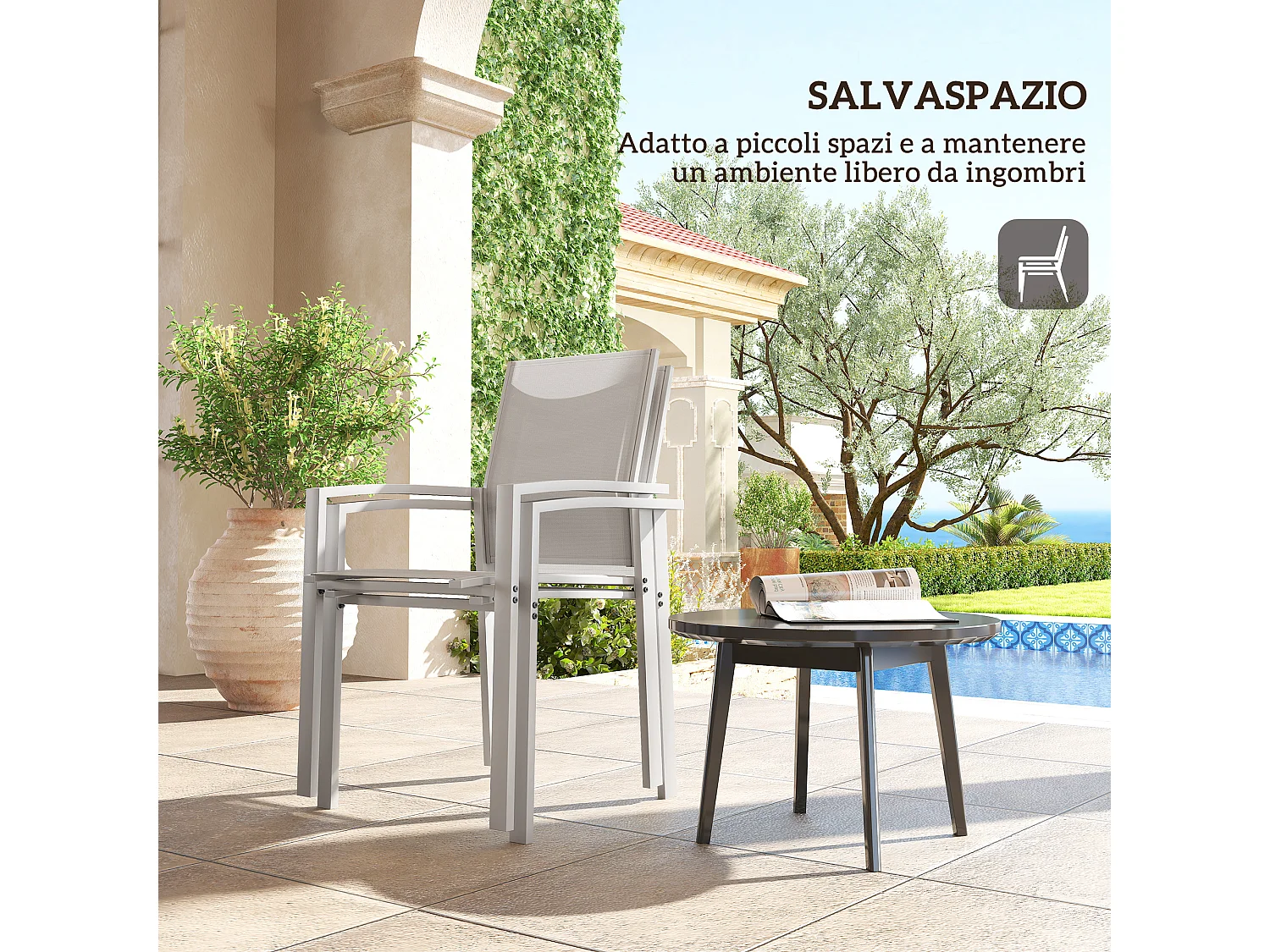 Set 2 sedie da giardino impilabili in acciaio textilene grigio chiaro