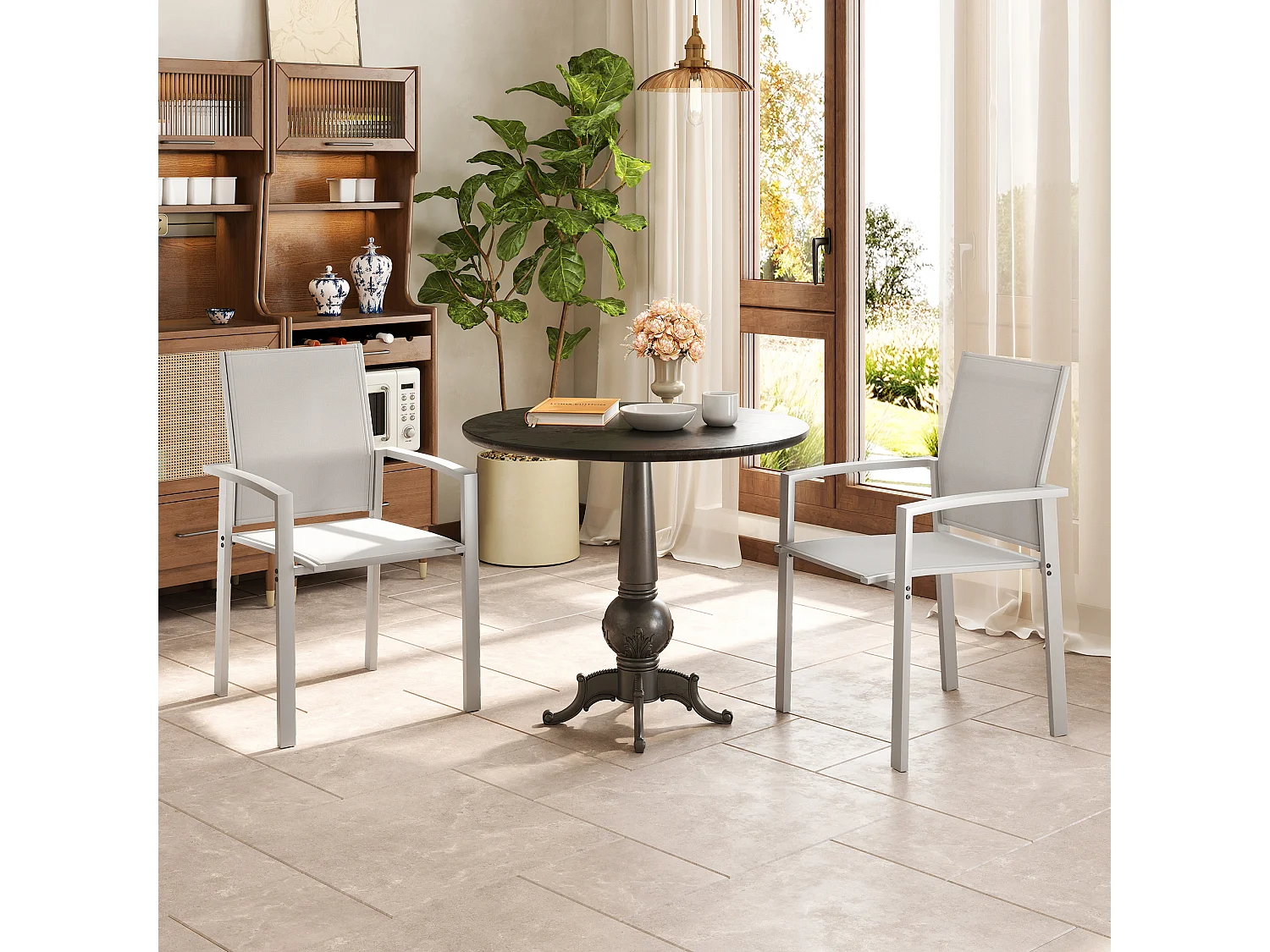 Set 2 sedie da giardino impilabili in acciaio textilene grigio chiaro