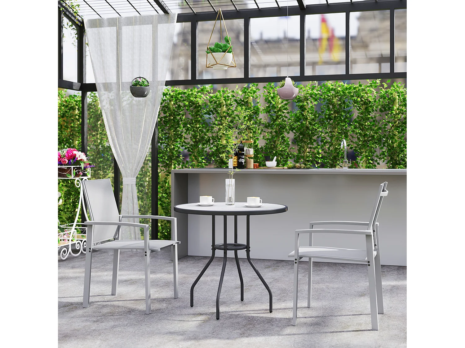 Set 2 sedie da giardino impilabili in acciaio textilene grigio chiaro