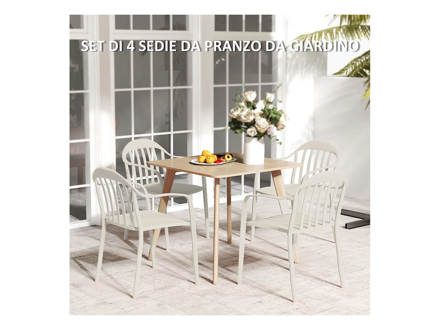 Set 4 sedie da giardino impilabili con braccioli in pp bianco