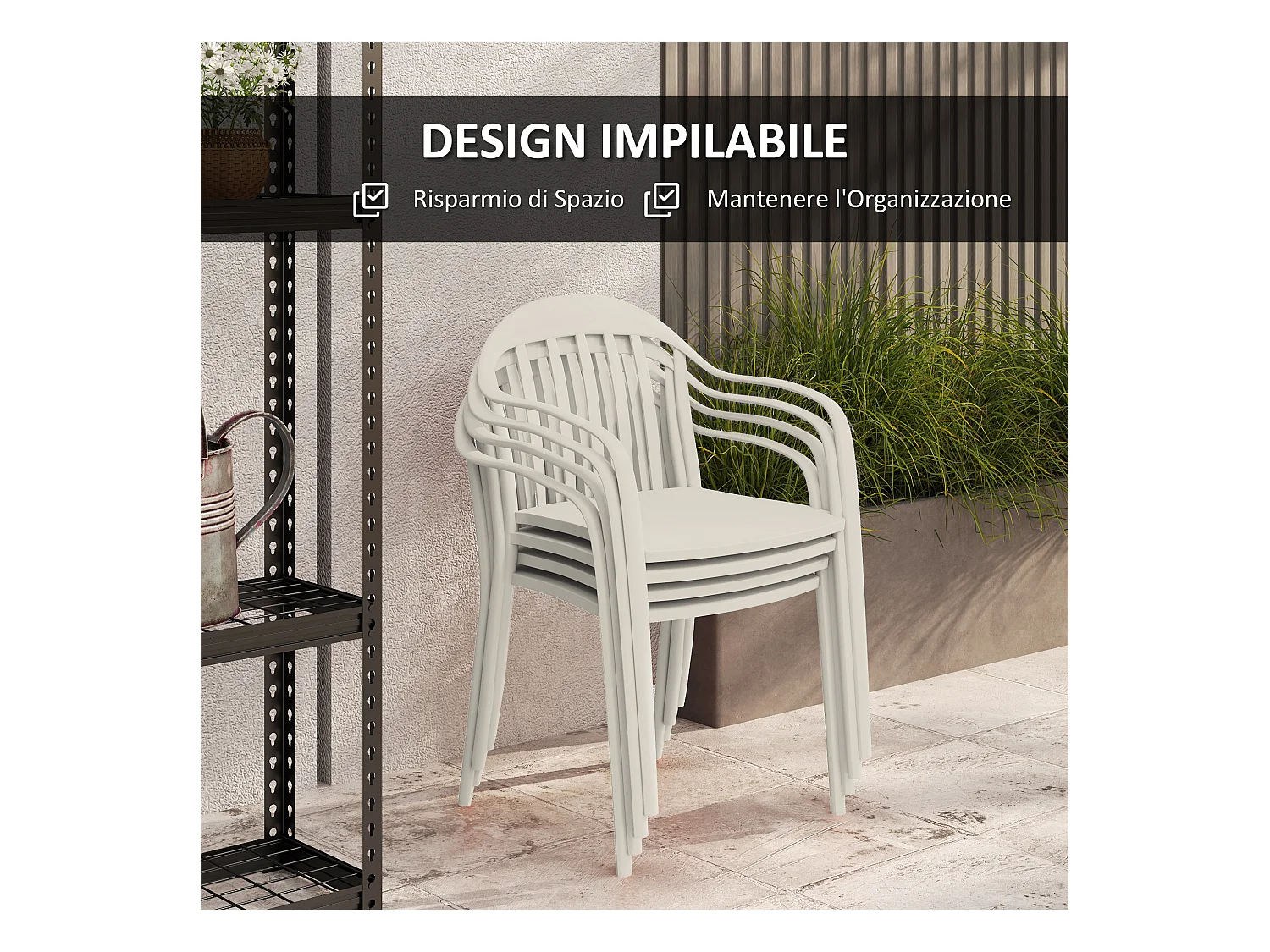 Set 4 sedie da giardino impilabili con braccioli in pp bianco