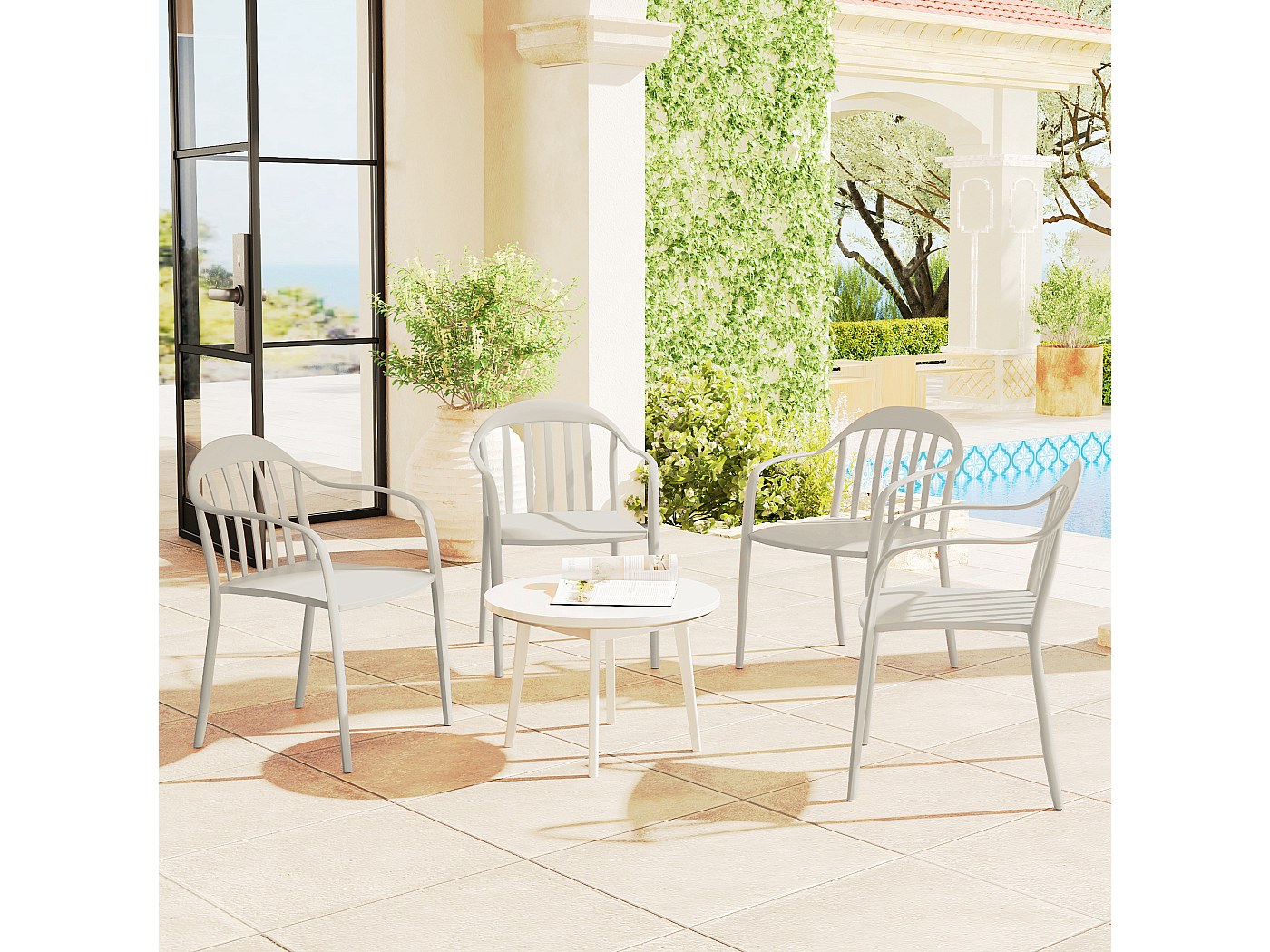 GIANTEX Set Di 2 Sedie Da Giardino In Alluminio Pressofuso - Impilabili, Con Braccioli E Piedini Regolabili - Eleganti Poltroncine Metalliche Per Esterni, Balcone O Bordo Piscina, Color Bronzo/Bianco - 2