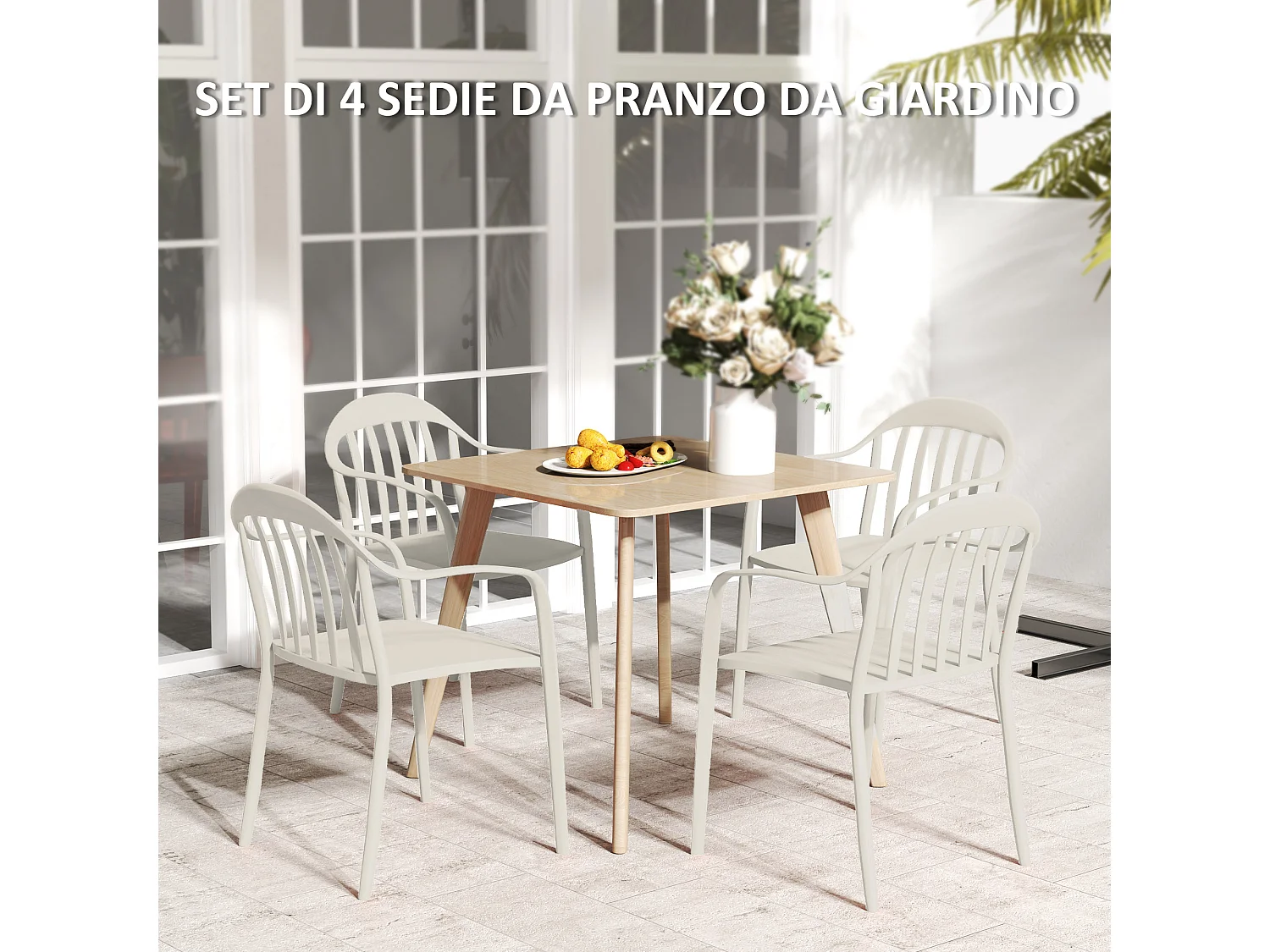 Set 4 sedie da giardino impilabili con braccioli in pp bianco