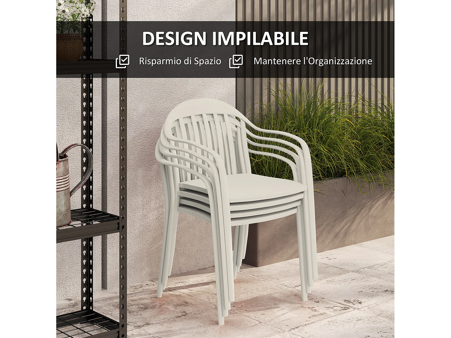 Set 4 sedie da giardino impilabili con braccioli in pp bianco