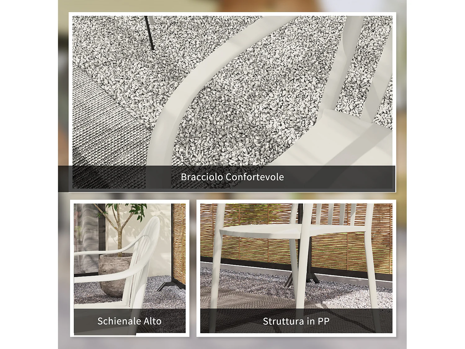 Set 4 sedie da giardino impilabili con braccioli in pp bianco