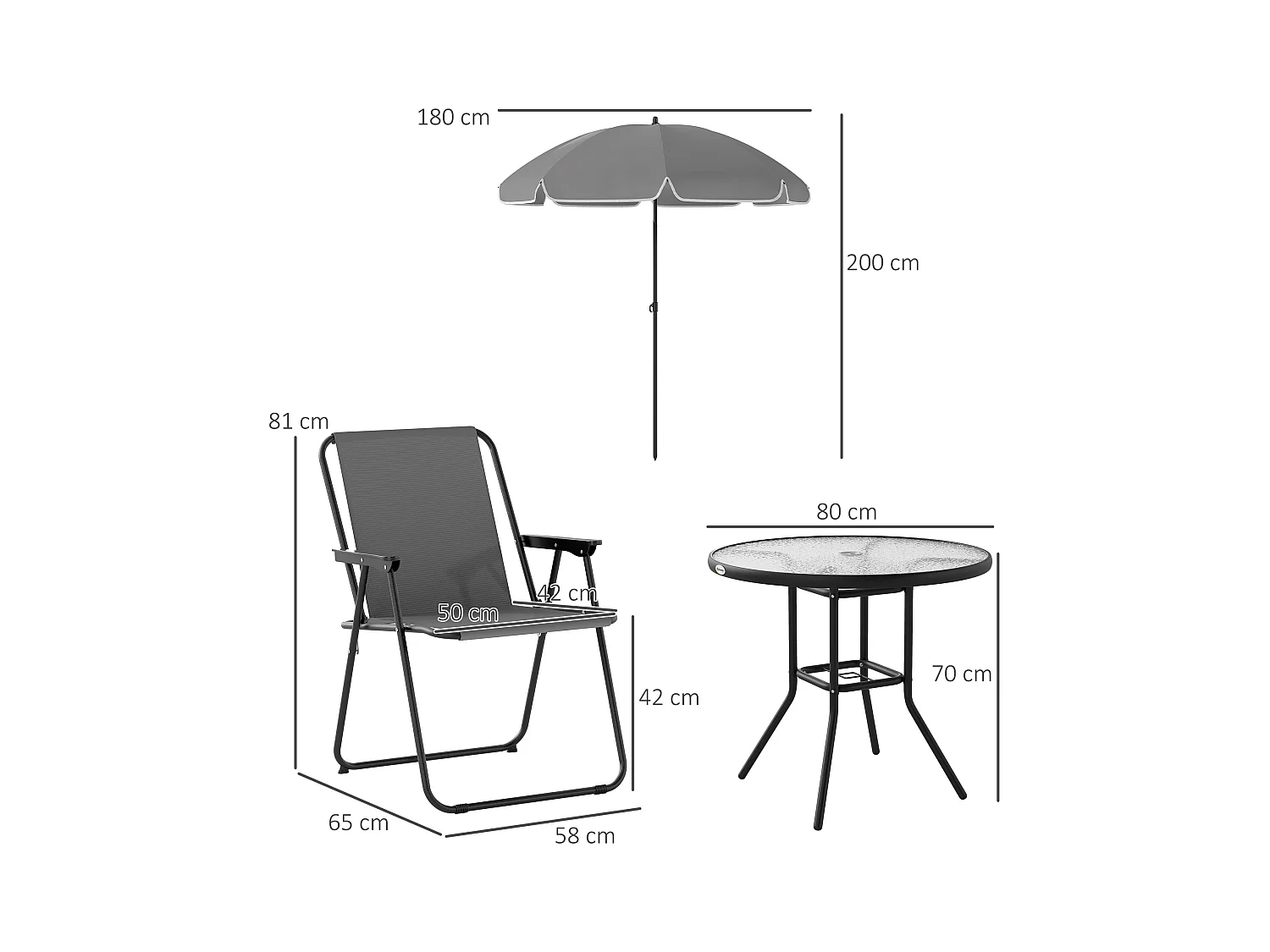 Set da giardino 6pz con 4 sedie, tavolo e ombrellone grigio e nero