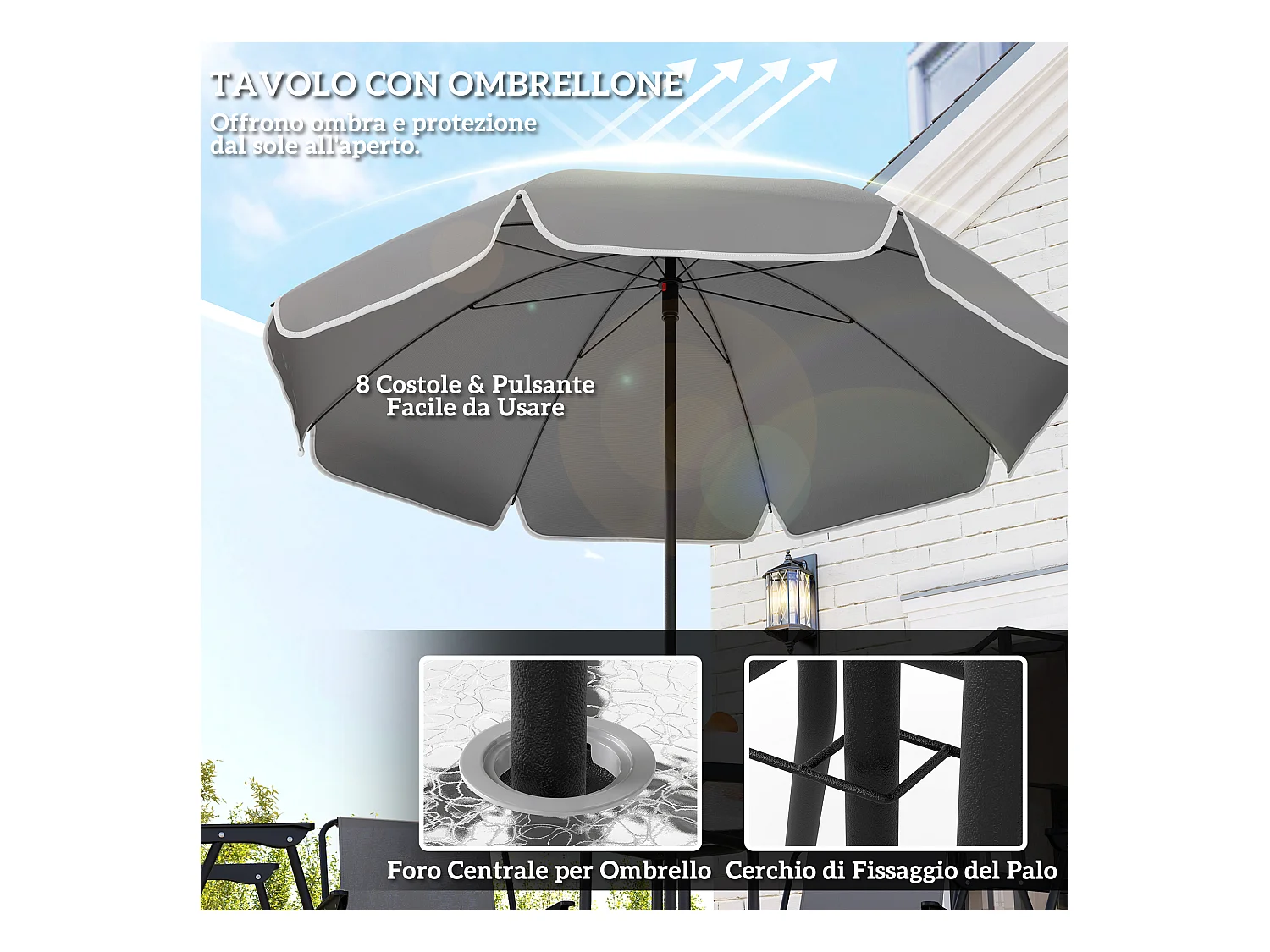 Set da giardino 6pz con 4 sedie, tavolo e ombrellone grigio e nero