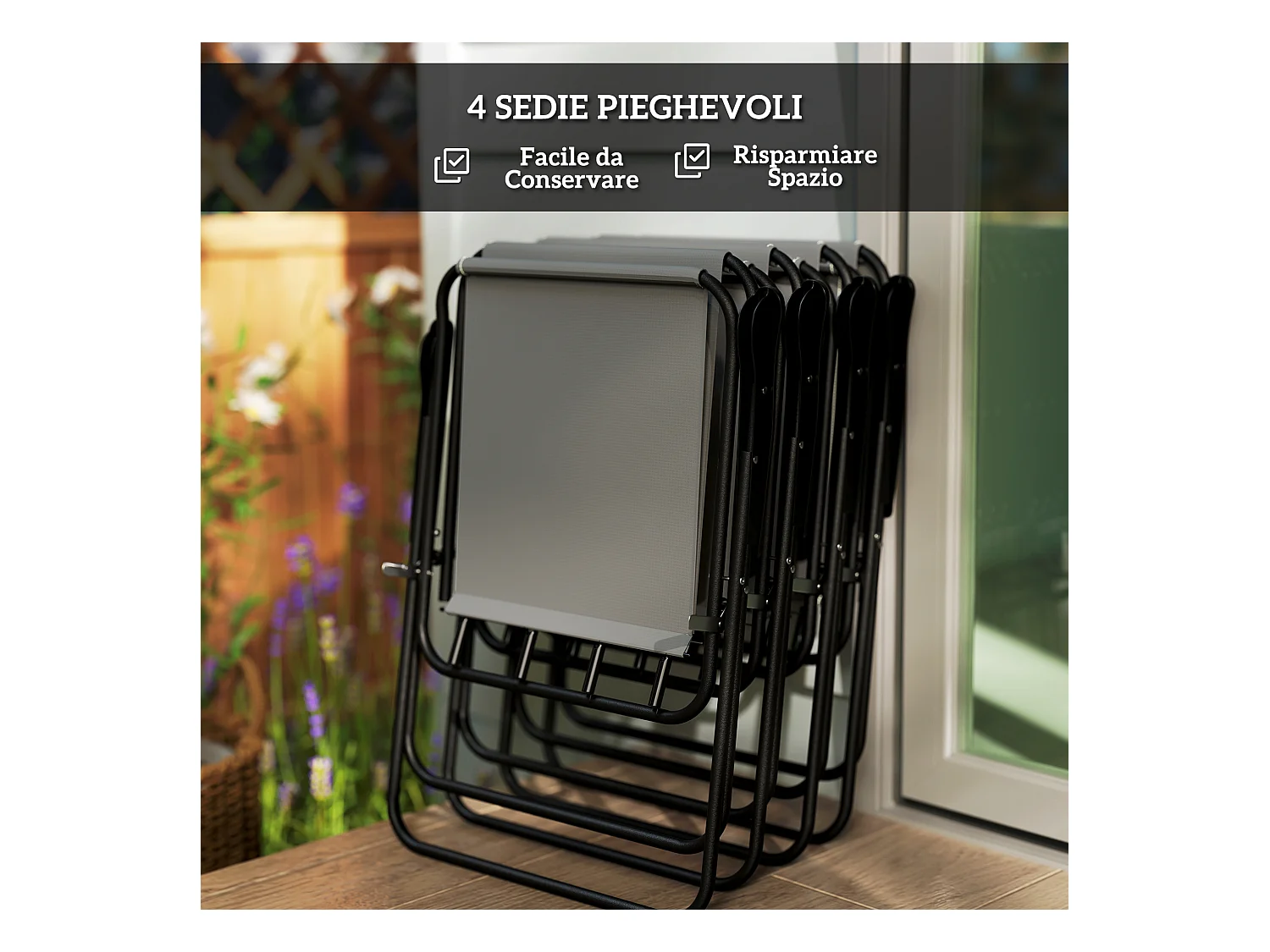Set da giardino 6pz con 4 sedie, tavolo e ombrellone grigio e nero