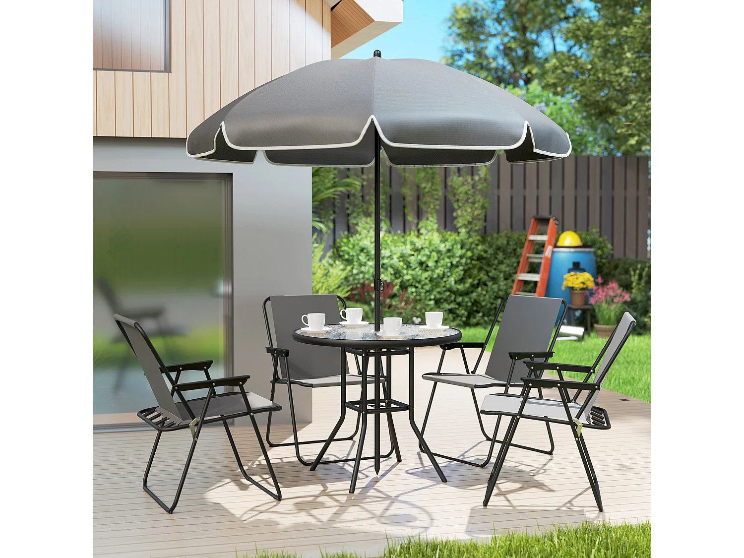 Set da giardino 6pz con 4 sedie, tavolo e ombrellone grigio e nero