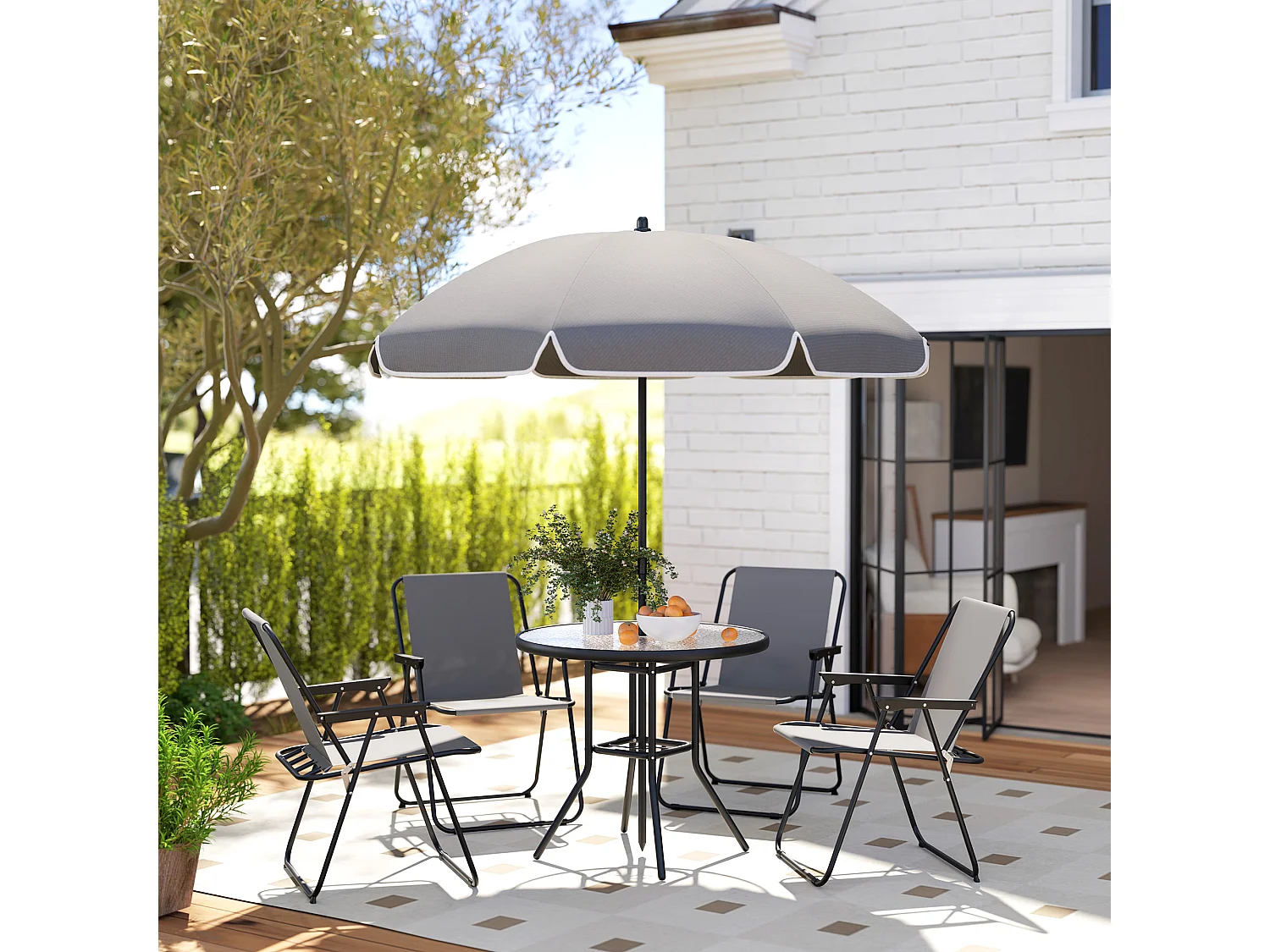 Set da giardino 6pz con 4 sedie, tavolo e ombrellone grigio e nero