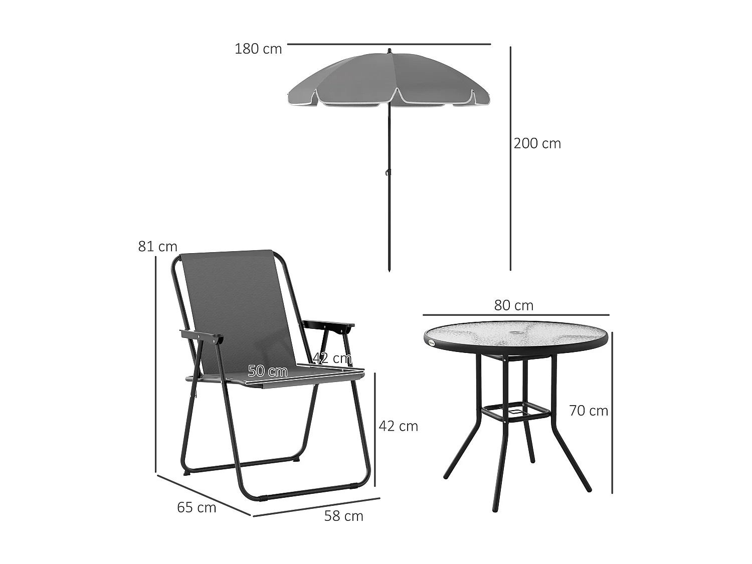 Set da giardino 6pz con 4 sedie, tavolo e ombrellone grigio e nero
