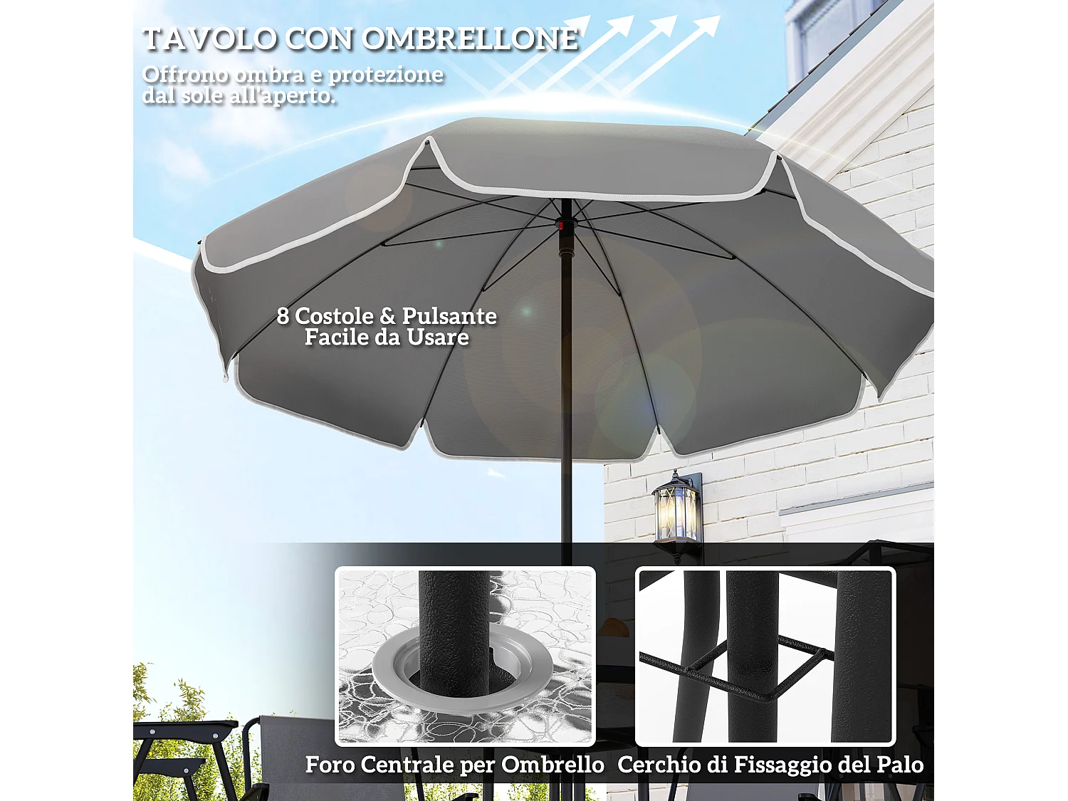 Set da giardino 6pz con 4 sedie, tavolo e ombrellone grigio e nero