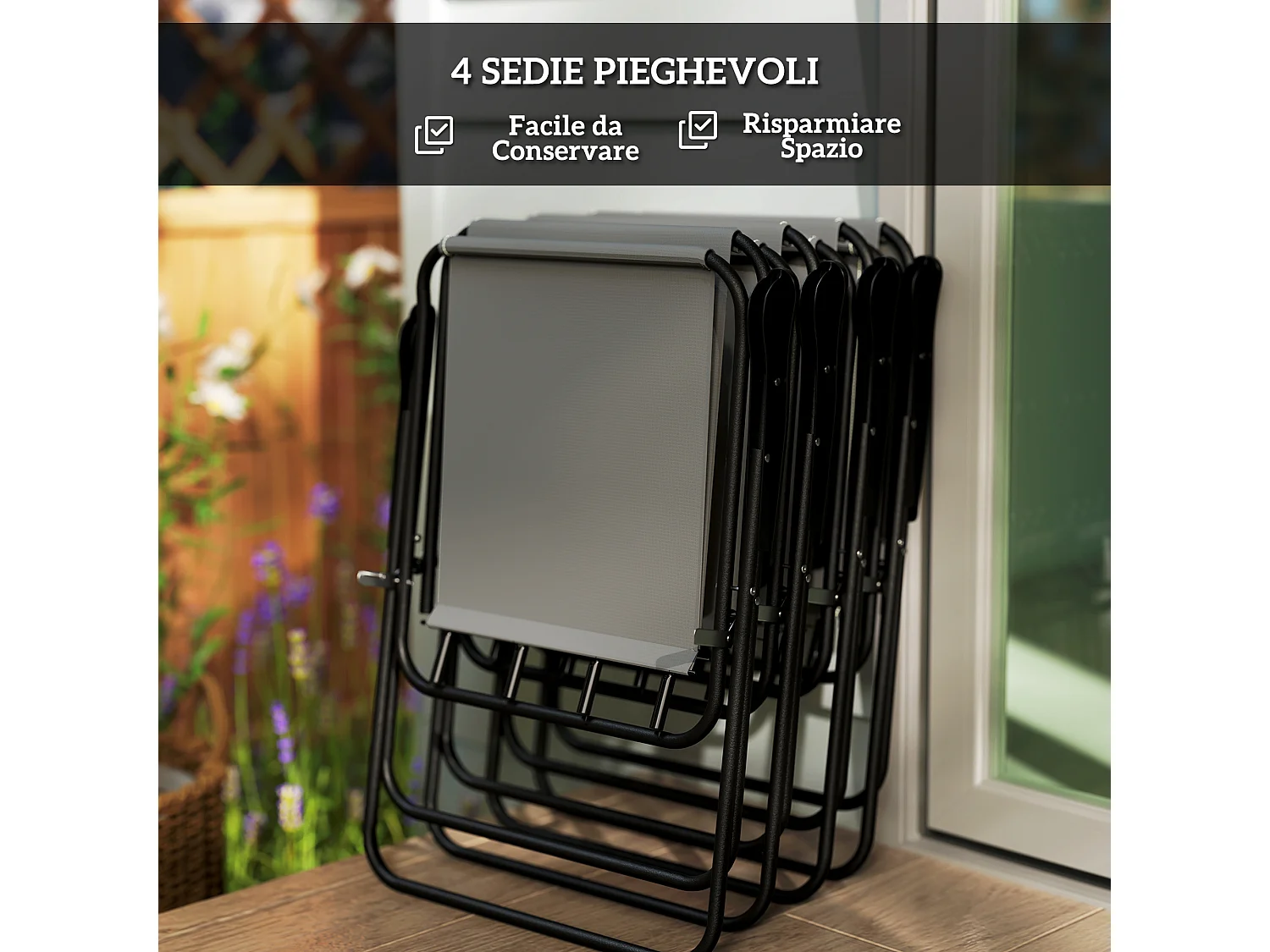 Set da giardino 6pz con 4 sedie, tavolo e ombrellone grigio e nero