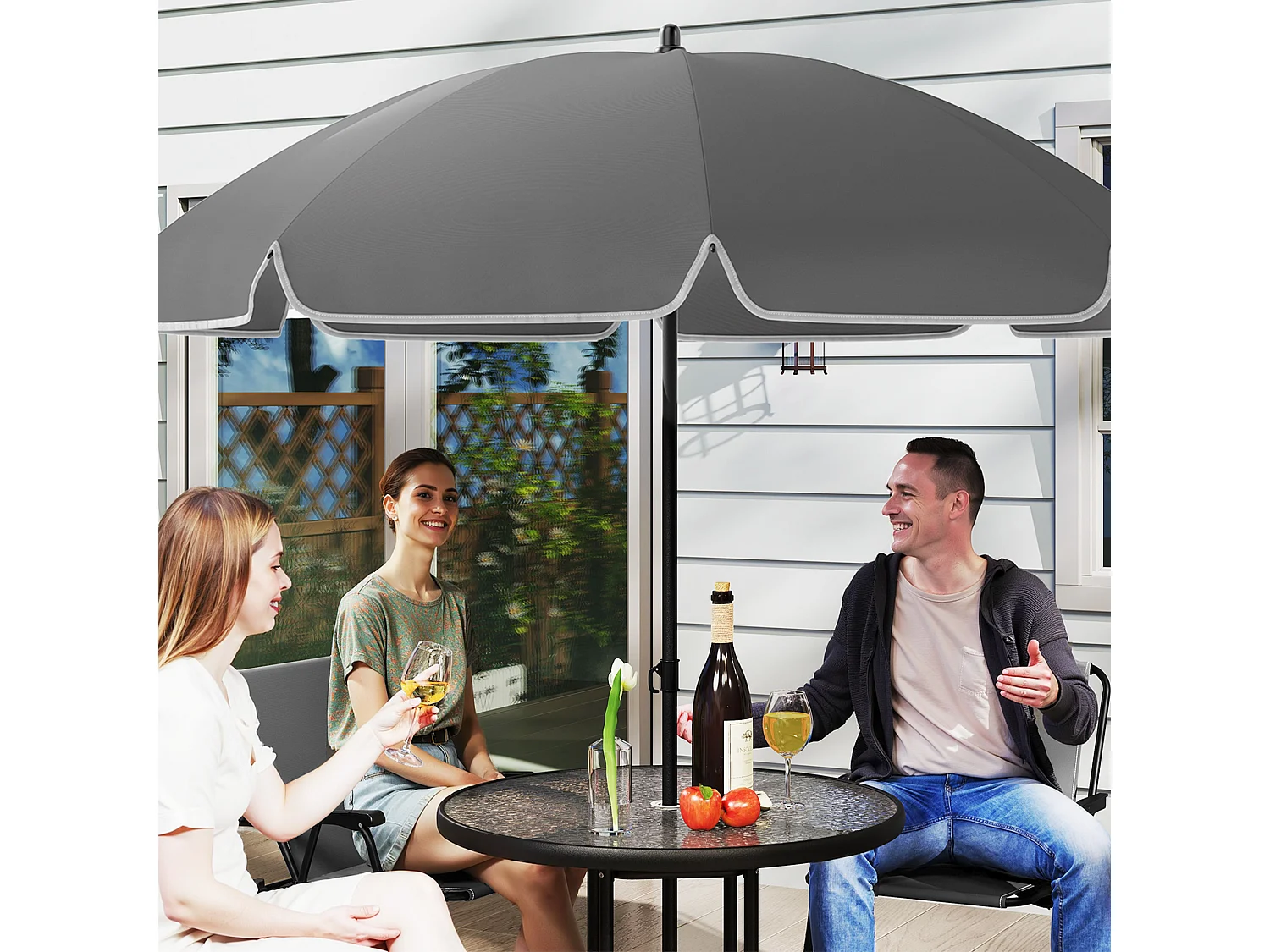 Set da giardino 6pz con 4 sedie, tavolo e ombrellone grigio e nero