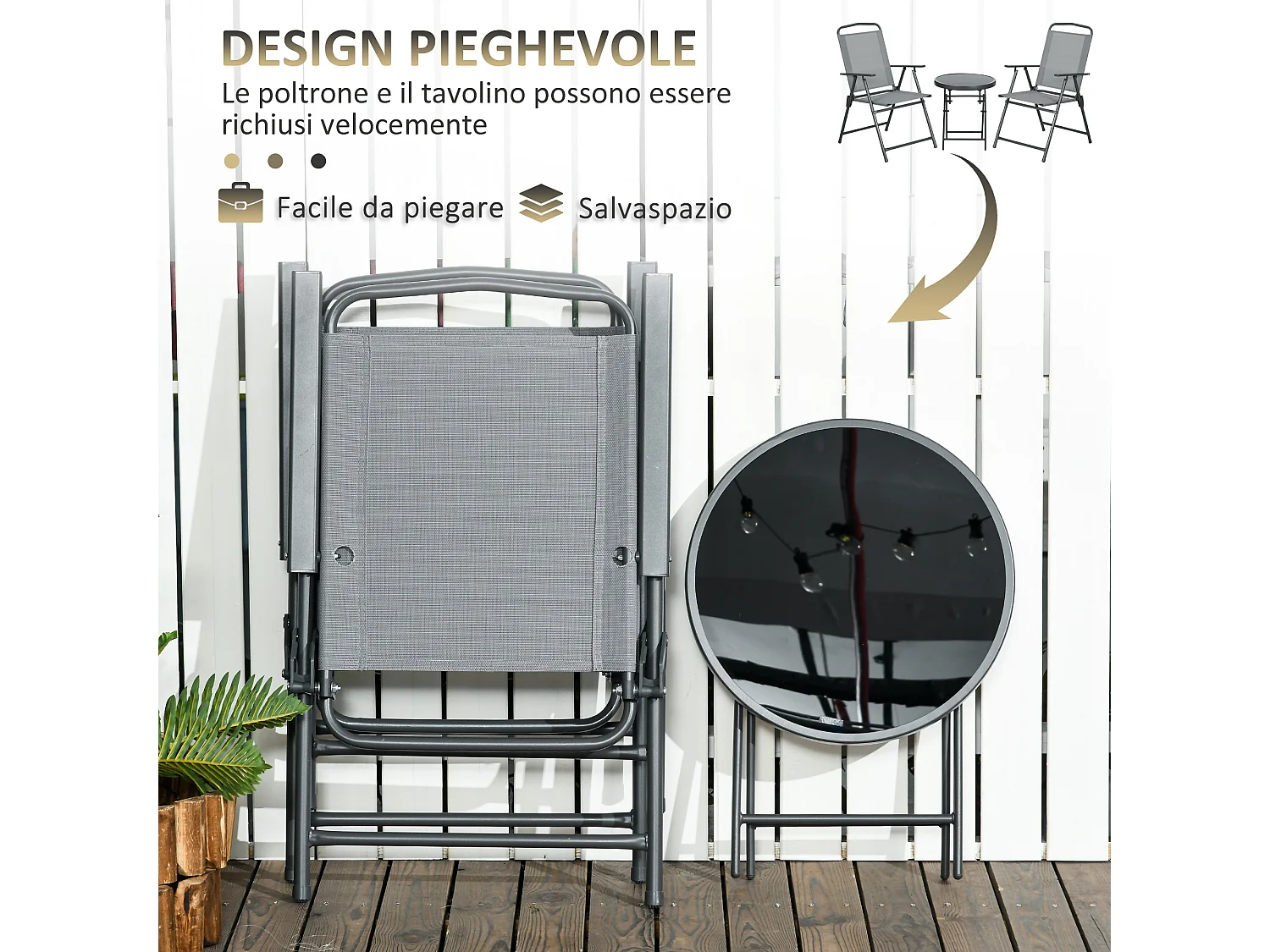 Set da giardino 3 pz con 2 sedie e tavolino da caffè grigio