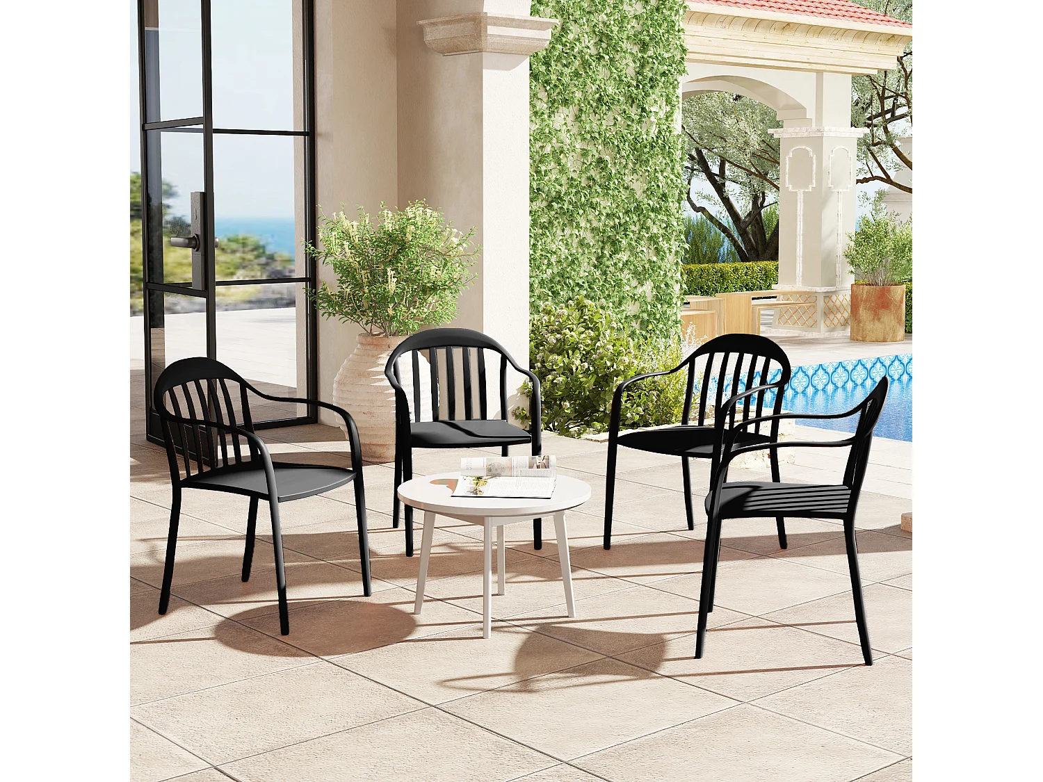 Set 4 sedie da giardino impilabili con braccioli in pp nero