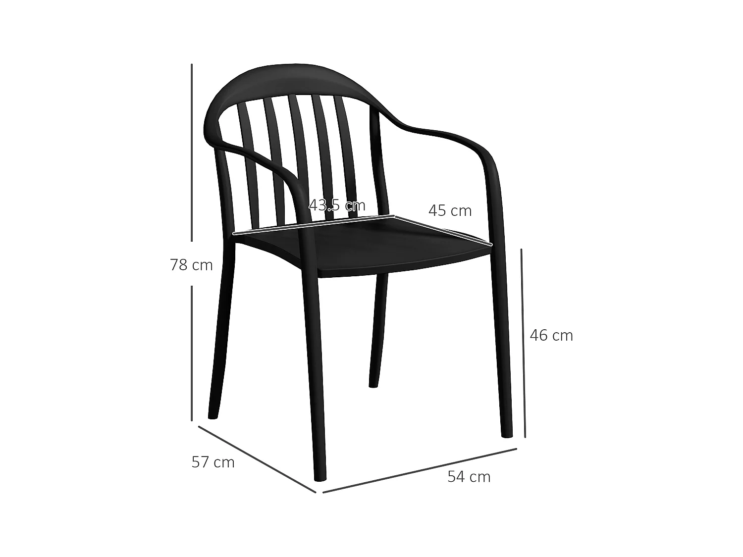 Set 4 sedie da giardino impilabili con braccioli in pp nero