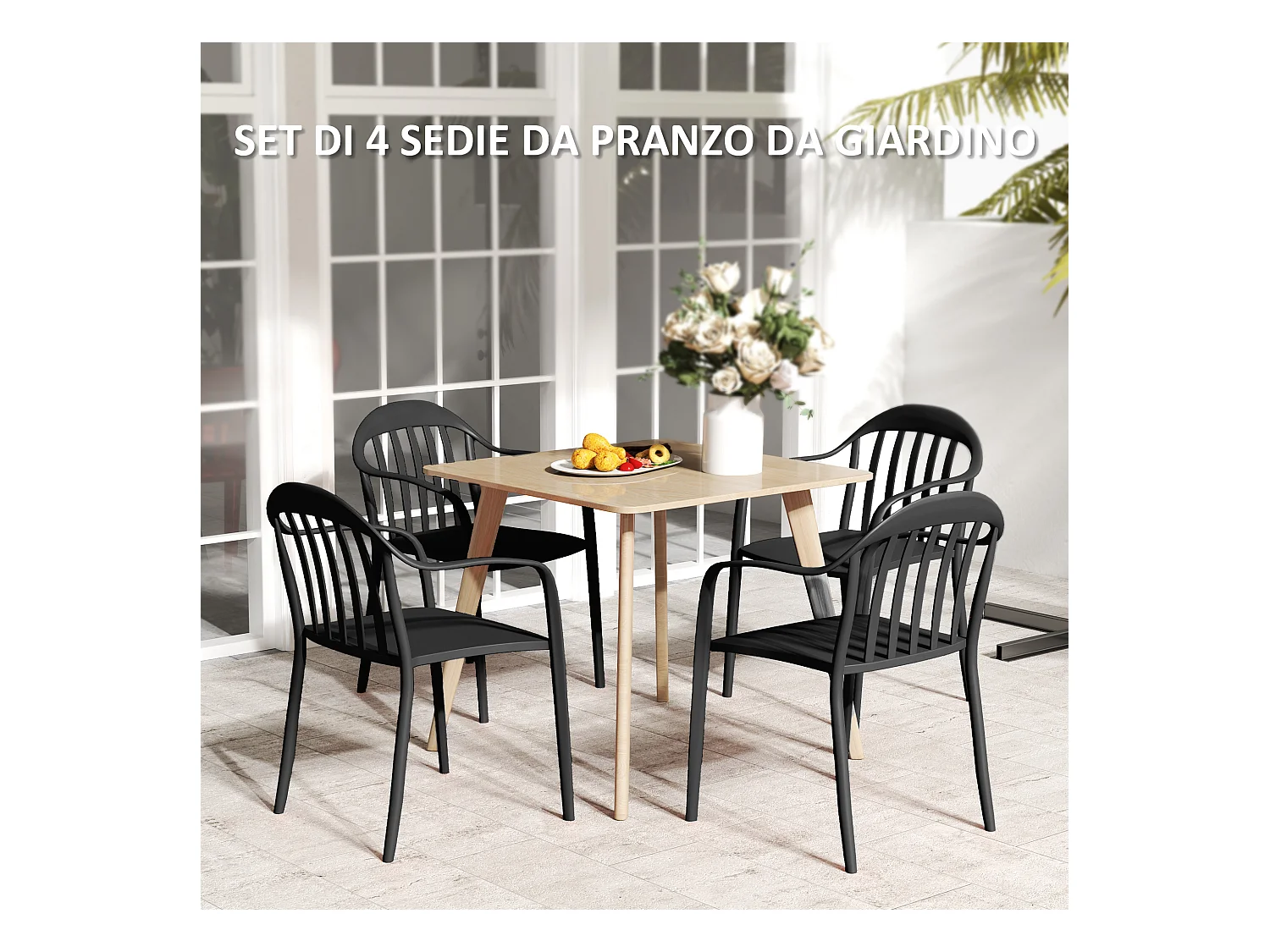 Set 4 sedie da giardino impilabili con braccioli in pp nero