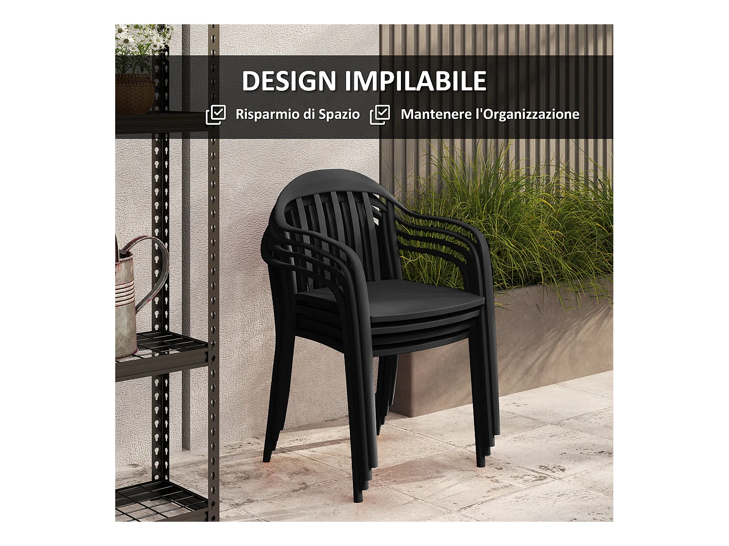 Set 4 sedie da giardino impilabili con braccioli in pp nero