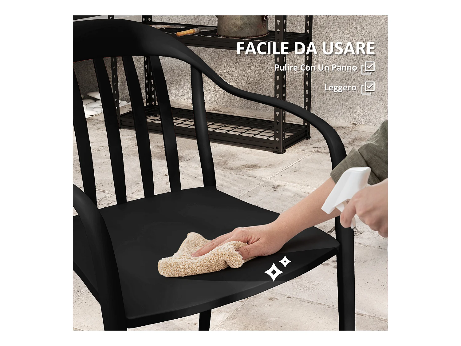 Set 4 sedie da giardino impilabili con braccioli in pp nero