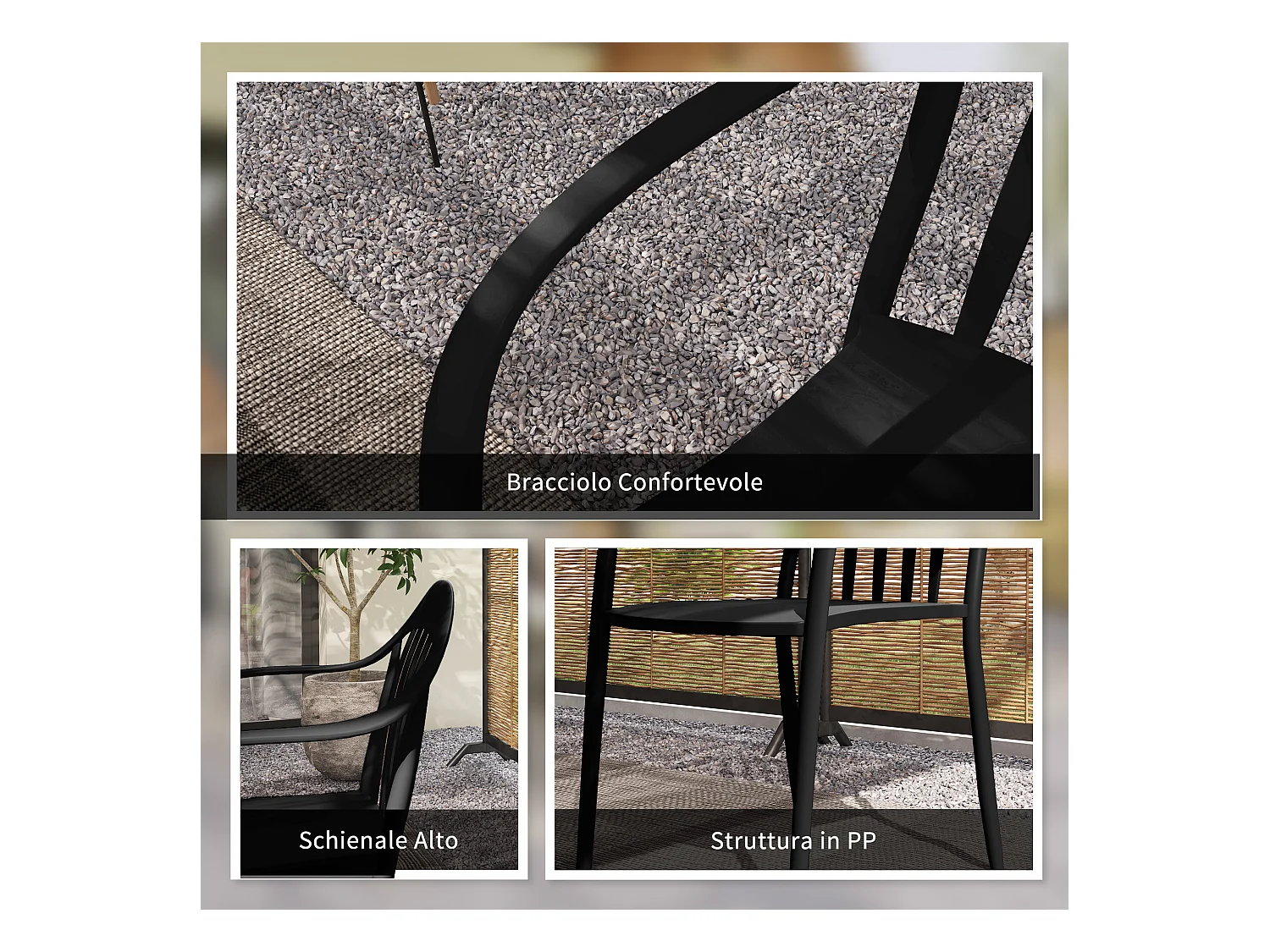 Set 4 sedie da giardino impilabili con braccioli in pp nero