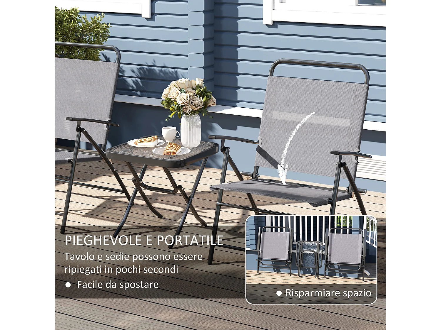 Set da giardino con un tavolino e 2 sedie pieghevoli grigio