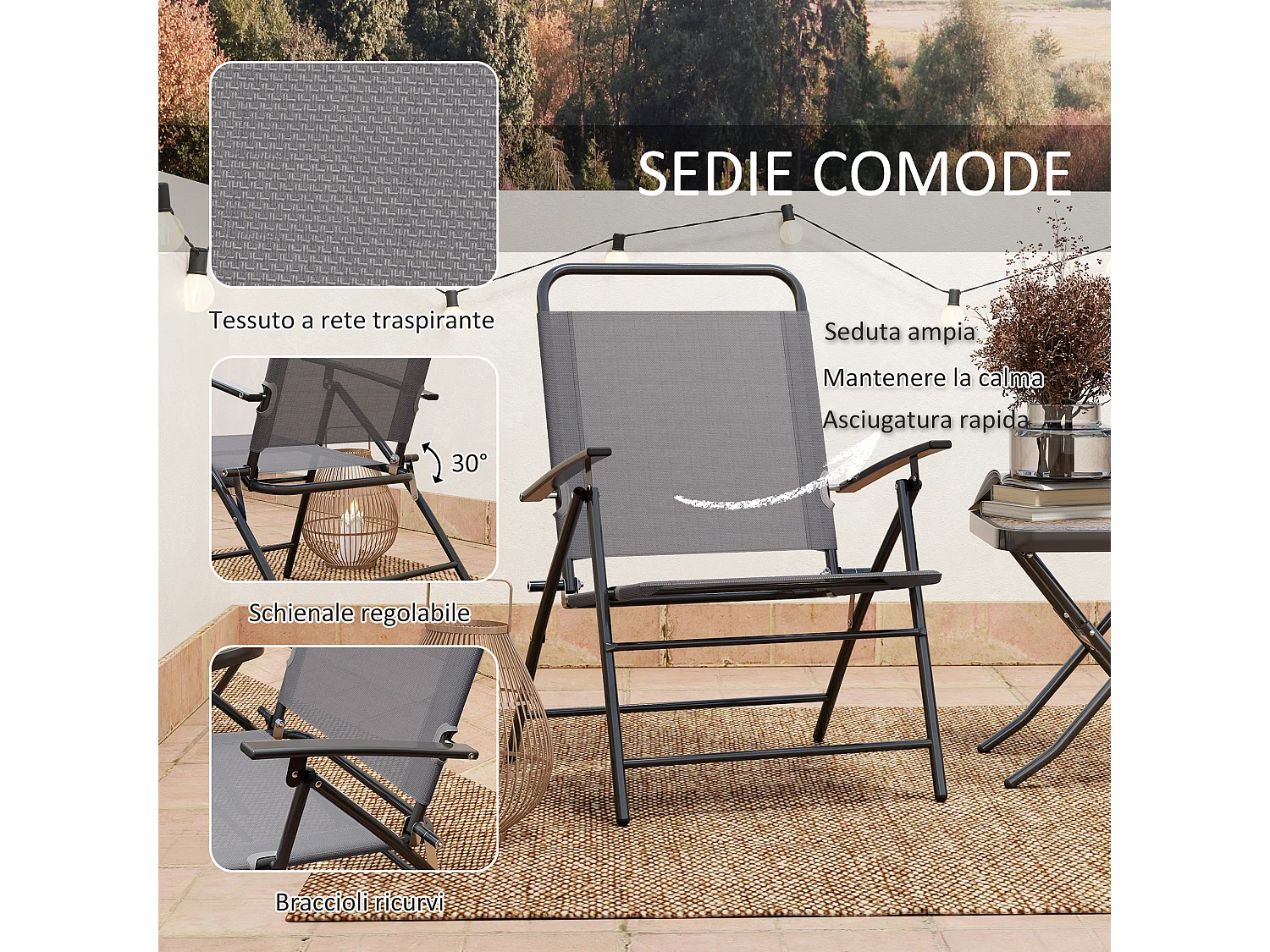 Set da giardino con un tavolino e 2 sedie pieghevoli grigio