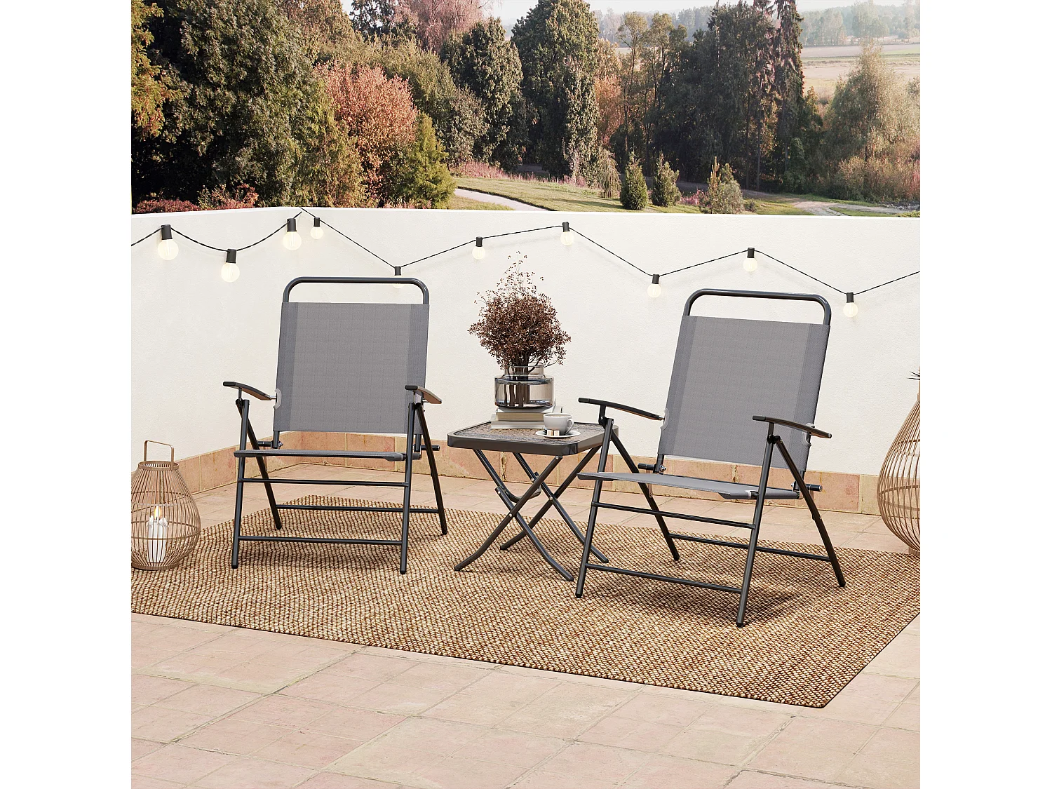 Set da giardino con un tavolino e 2 sedie pieghevoli grigio