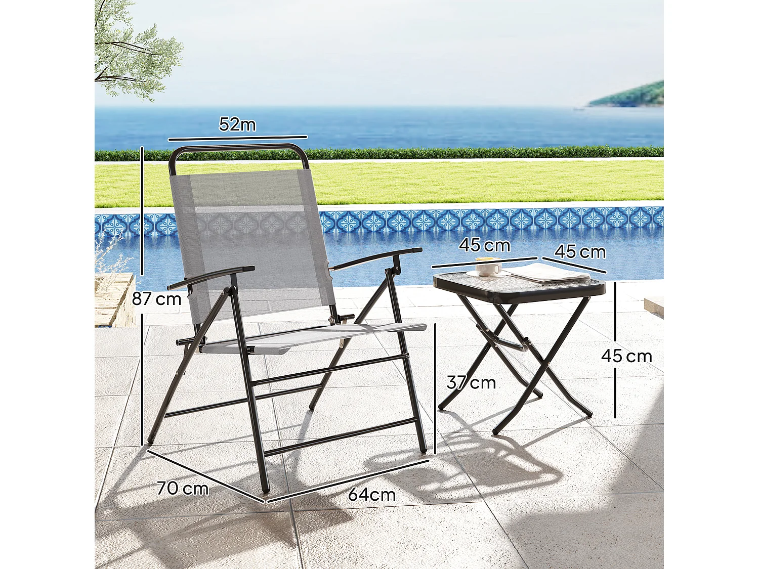 Set da giardino con un tavolino e 2 sedie pieghevoli grigio