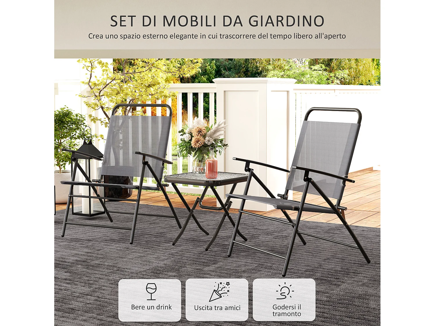 Set da giardino con un tavolino e 2 sedie pieghevoli grigio
