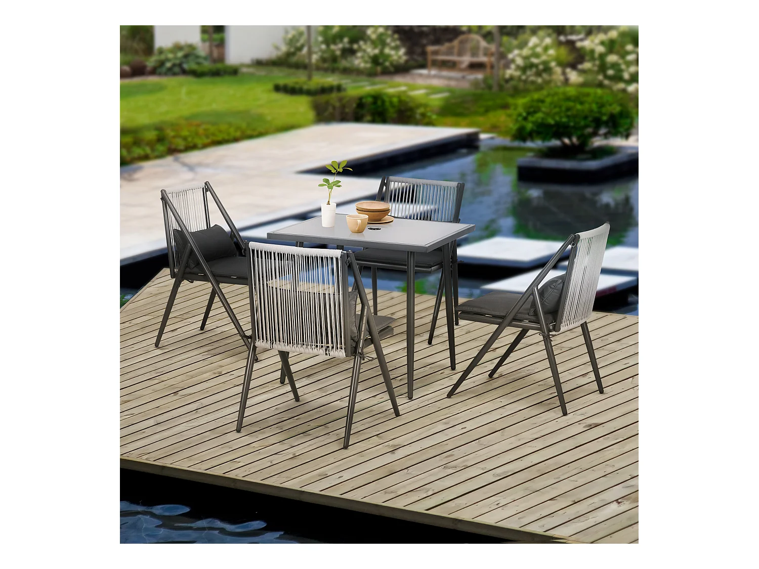 Set da giardino con 4 sedie con cuscini e tavolo quadrato in vetro