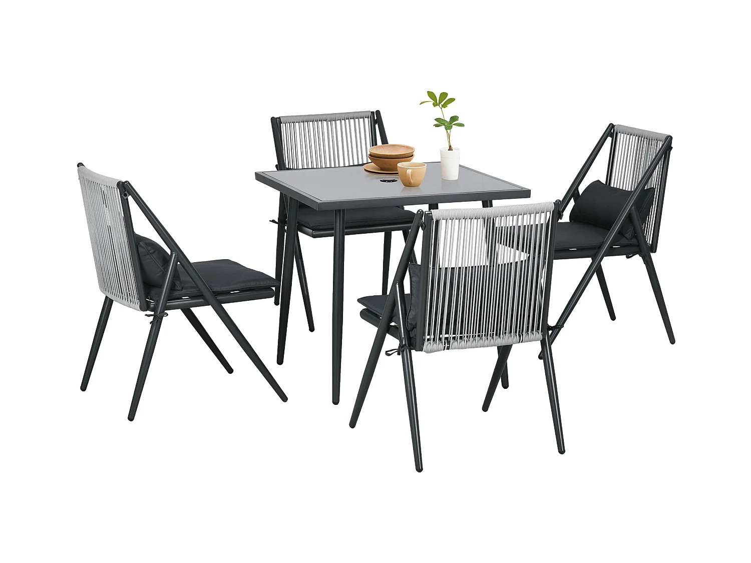 Set da giardino con 4 sedie con cuscini e tavolo quadrato in vetro