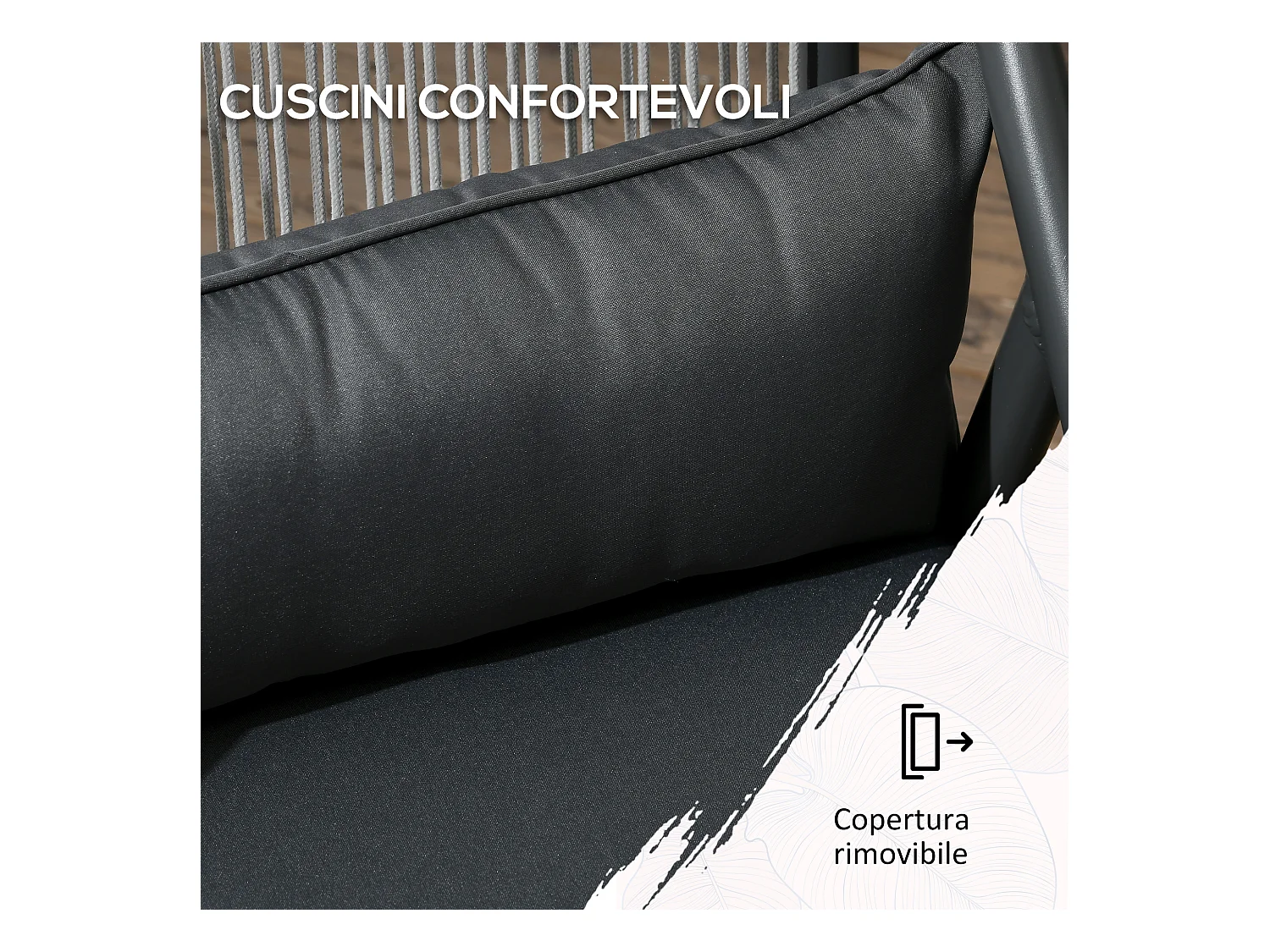 Set da giardino con 4 sedie con cuscini e tavolo quadrato in vetro