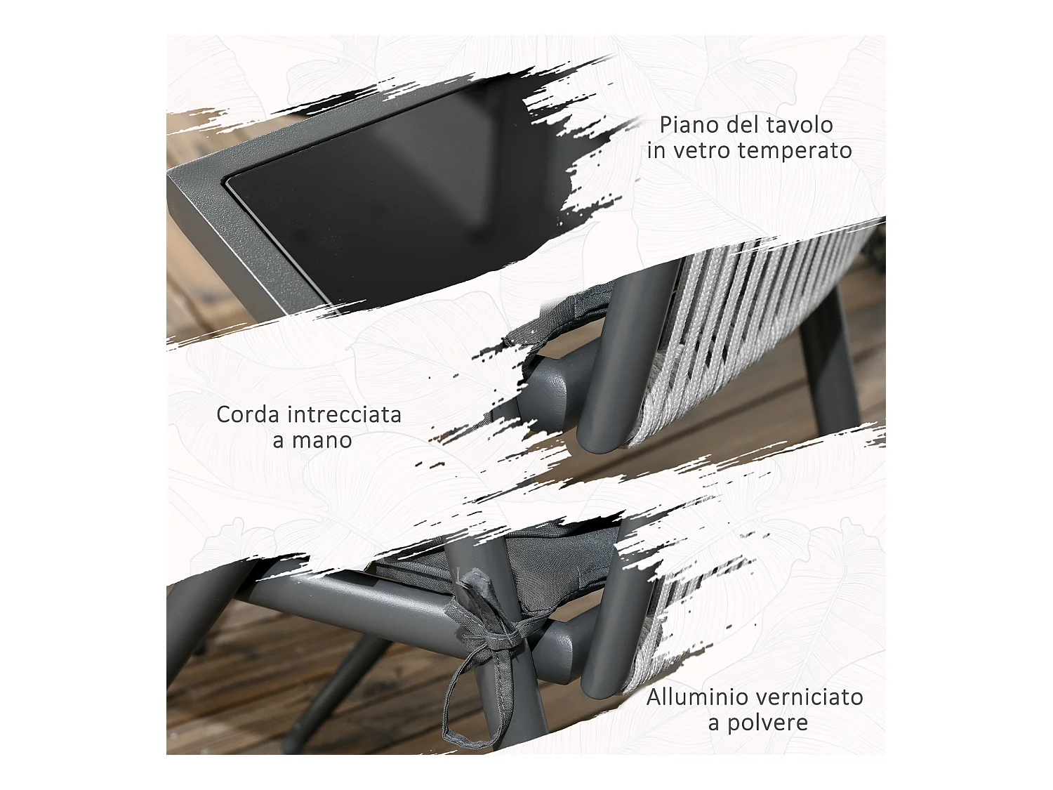 Set da giardino con 4 sedie con cuscini e tavolo quadrato in vetro