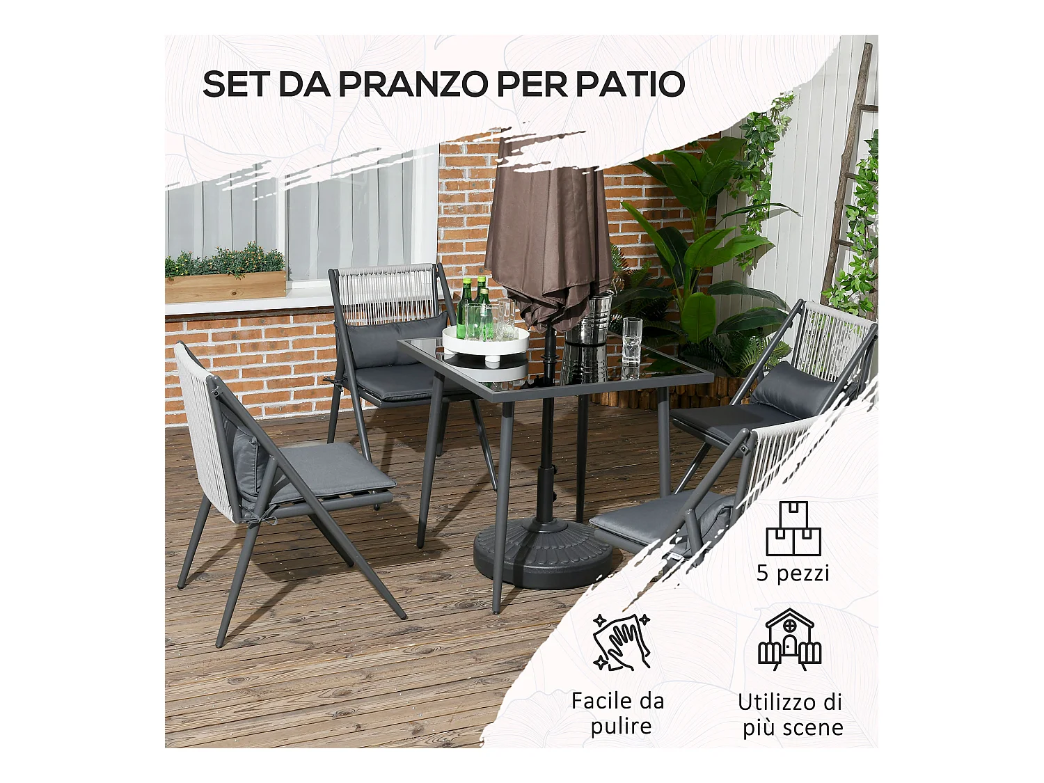 Set da giardino con 4 sedie con cuscini e tavolo quadrato in vetro