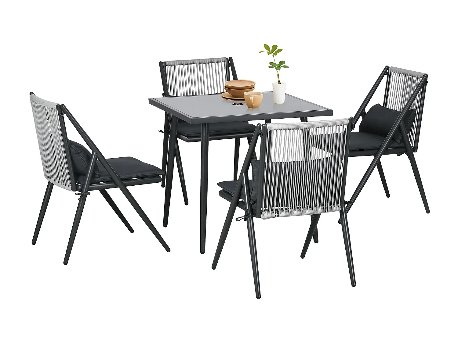 Set da giardino con 4 sedie con cuscini e tavolo quadrato in vetro