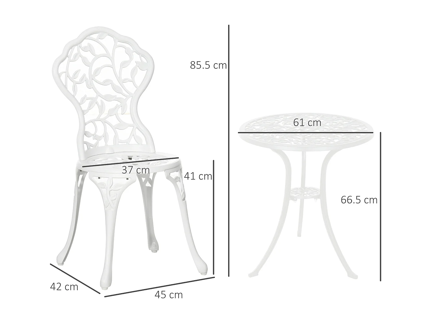 Set tavolino e sedie da giardino 3 pezzi in alluminio bianco