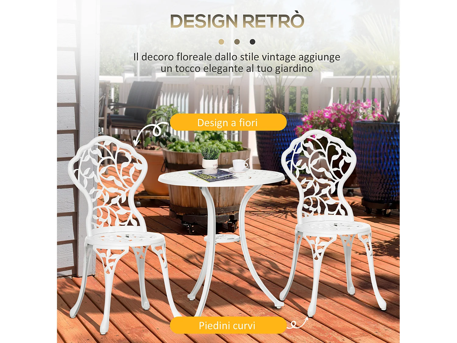 Set tavolino e sedie da giardino 3 pezzi in alluminio bianco