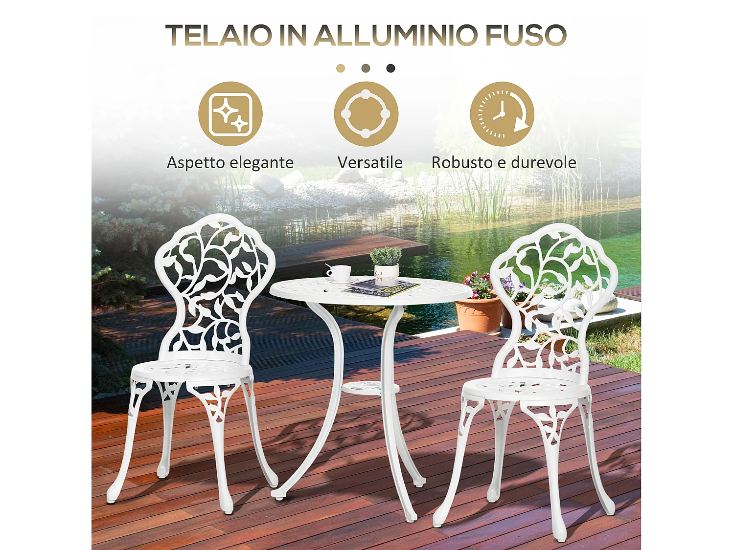 Set tavolino e sedie da giardino 3 pezzi in alluminio bianco